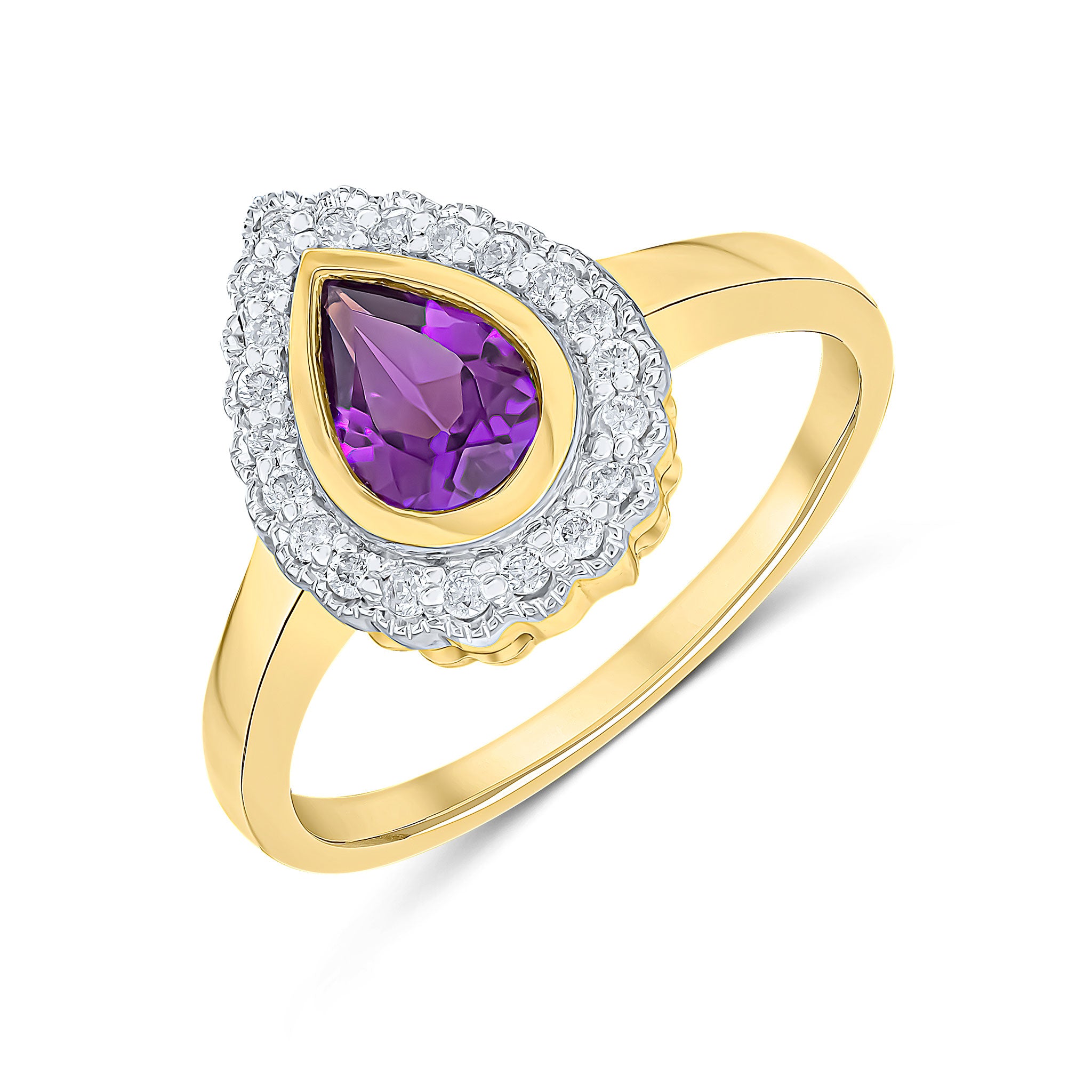 9ct Yellow Gold Pear Shape Rubover Amethyst and Milgrain Round Diamond Cluster Ring Rhodium to Diamonds
