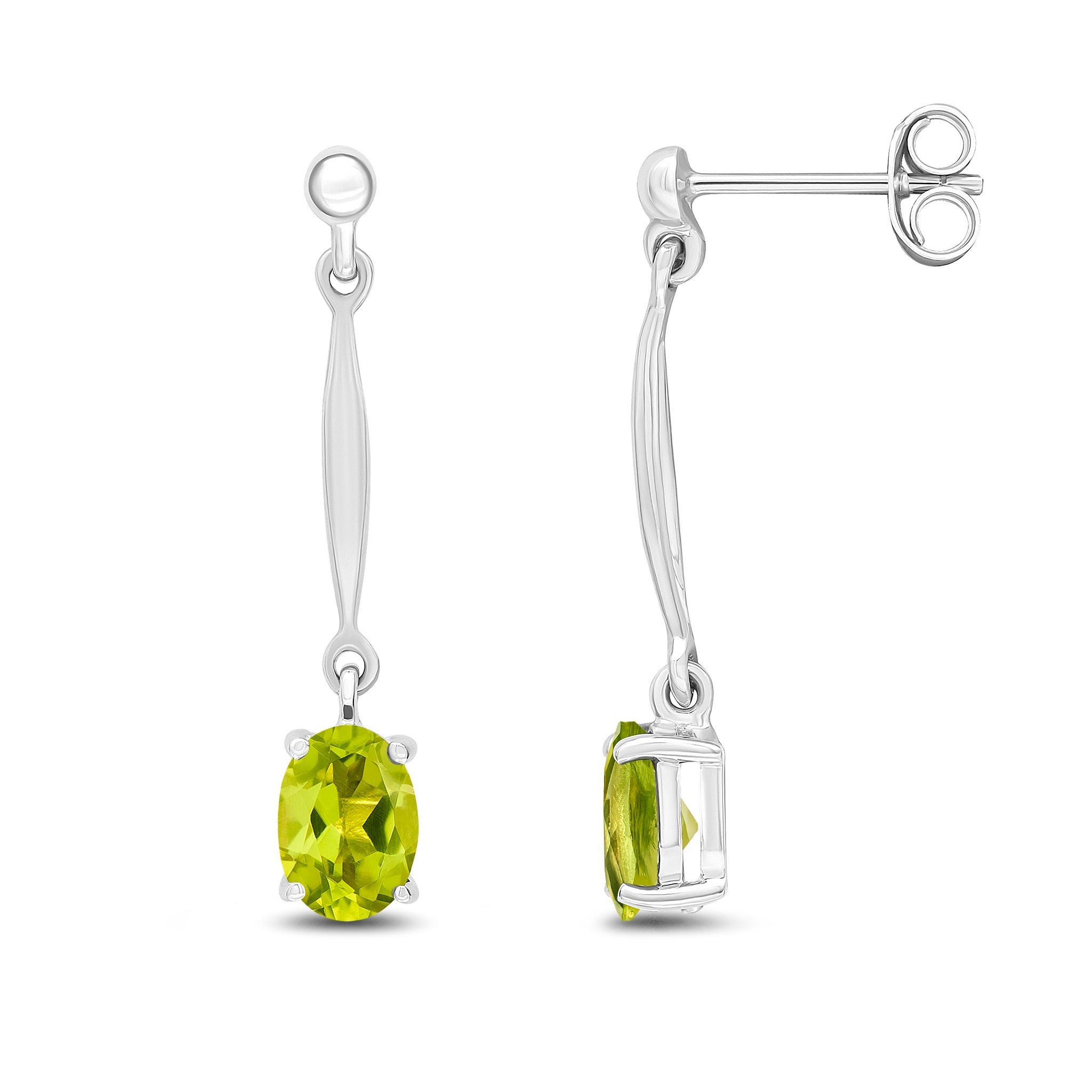 9ct White Gold 7x5mm Oval Peridot and Bar Drop Earrings with Bead Top