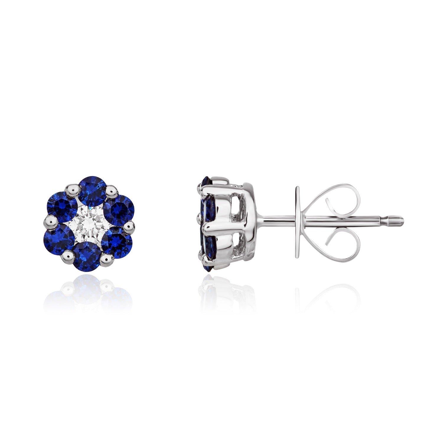 18ct White Gold Sapphire and Diamond Round Reverse Cluster Earrings