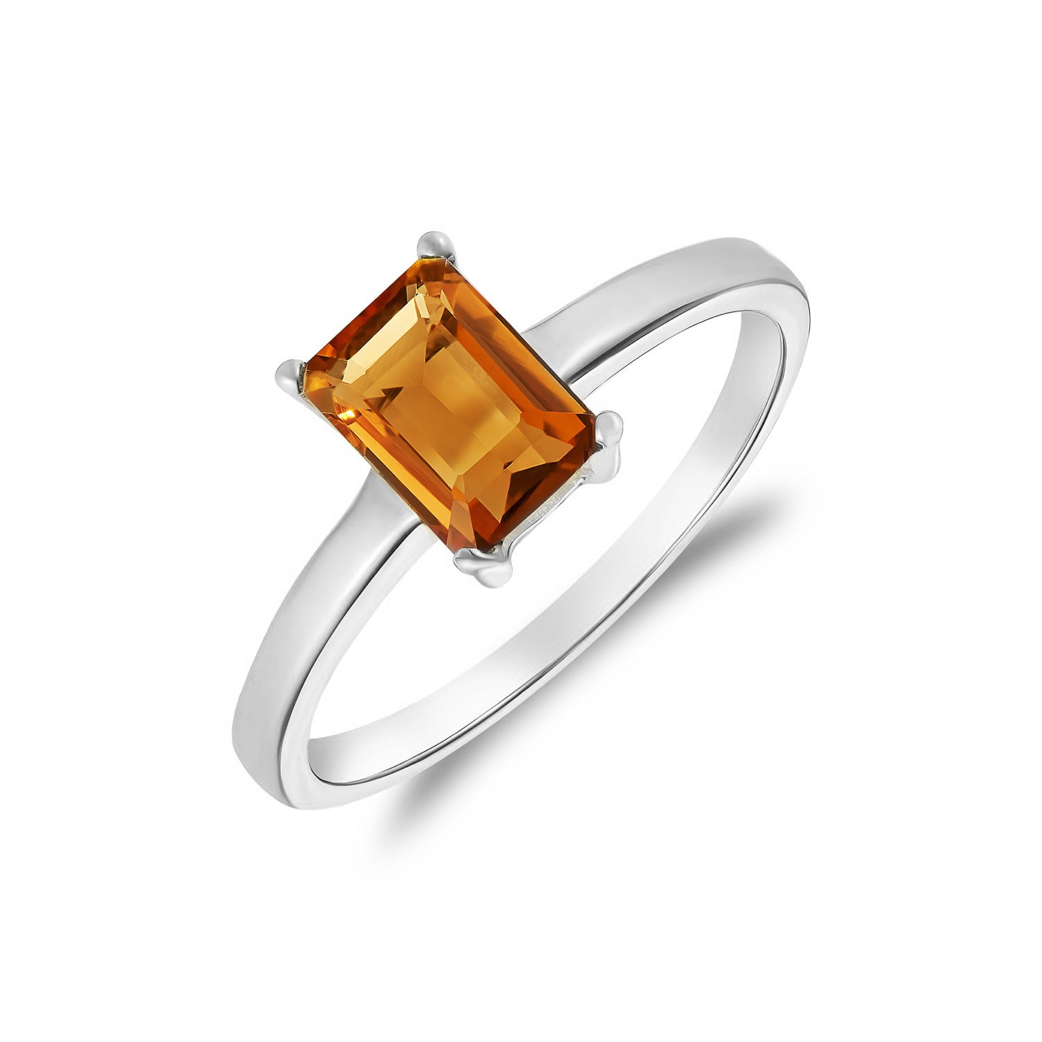9ct White Gold 7x5mm Octagon Citrine Claw Set Single Stone Ring