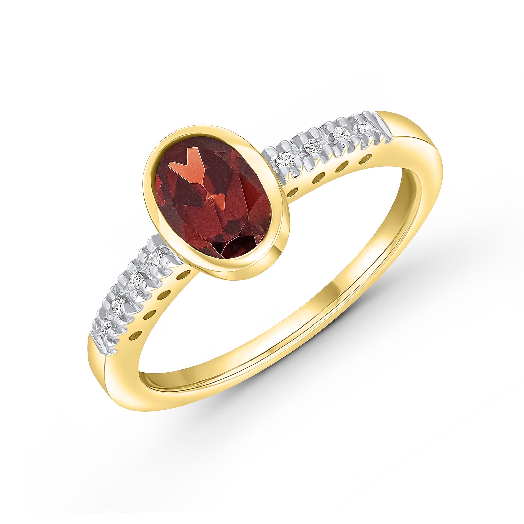 9ct Yellow Gold Rubover 7x5 Oval Garnet Single Stone Ring with Claw Set Diamond Shoulders Rhodium to Diamonds