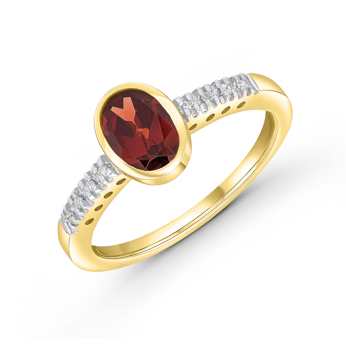 9ct Yellow Gold Rubover 7x5 Oval Garnet Single Stone Ring with Claw Set Diamond Shoulders Rhodium to Diamonds