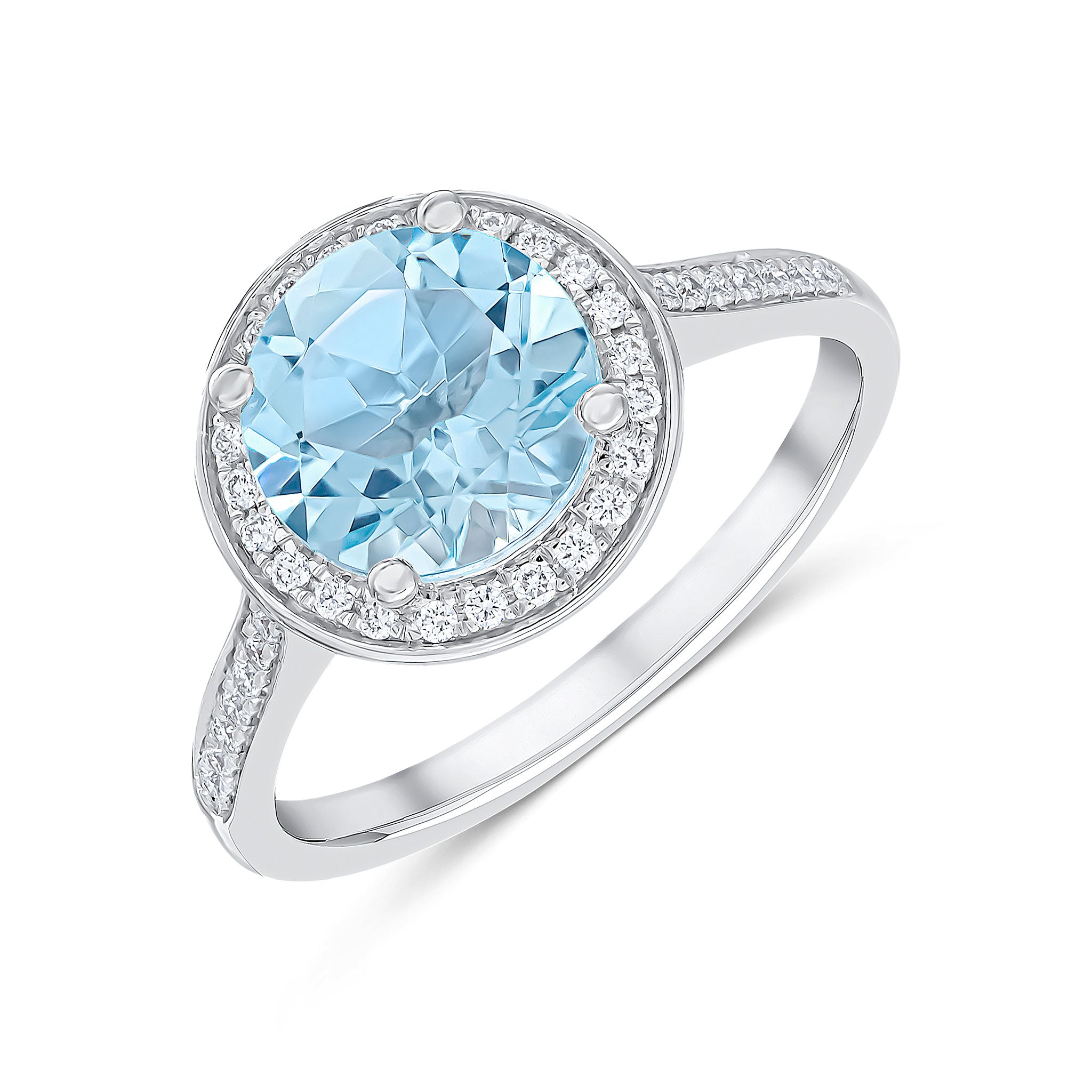 18ct White Gold Round Aquamarine and Diamond Claw and Milgrain Cluster Ring with Diamond Set Shoulders