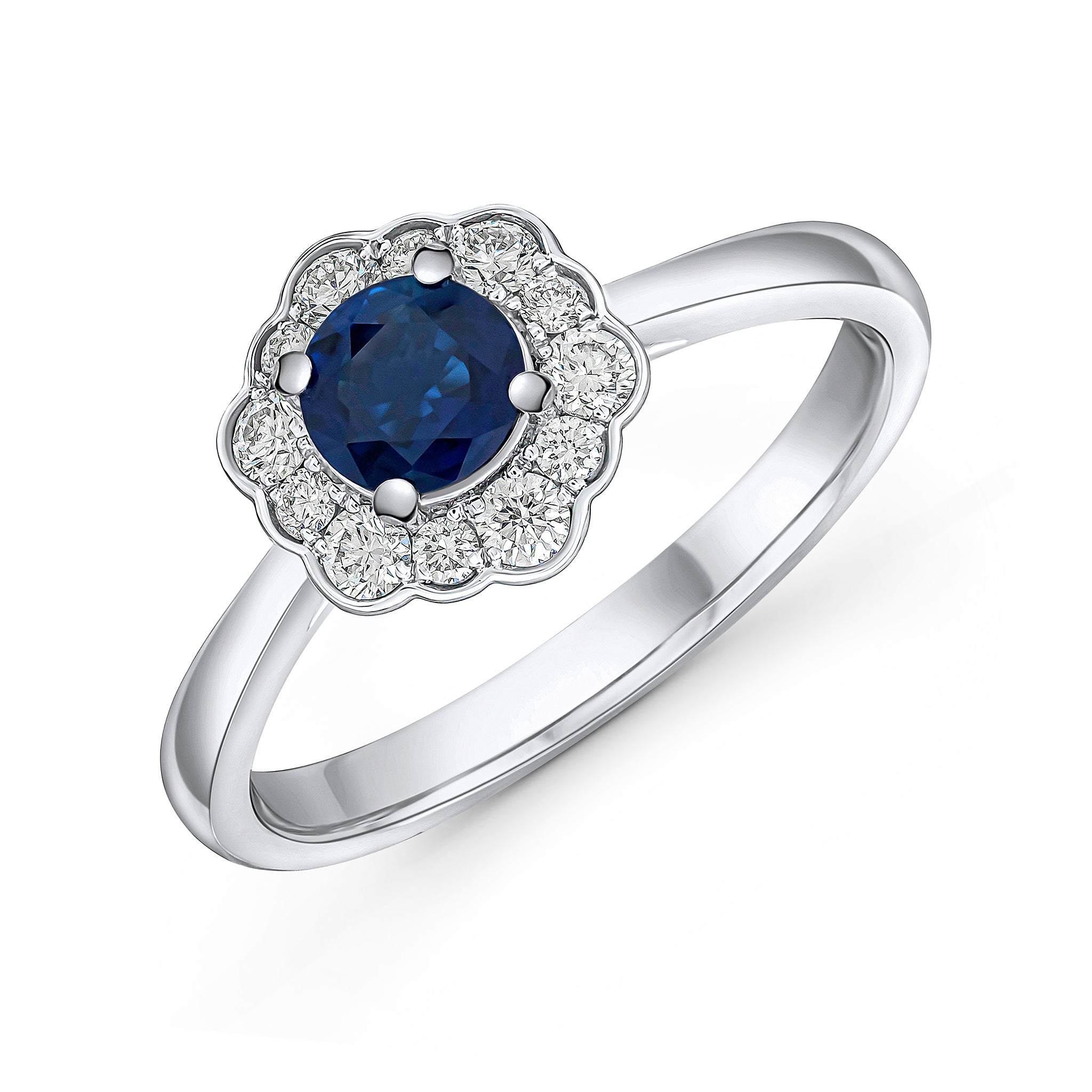 18ct White Gold 5mm Round Sapphire and Diamond Cluster Ring