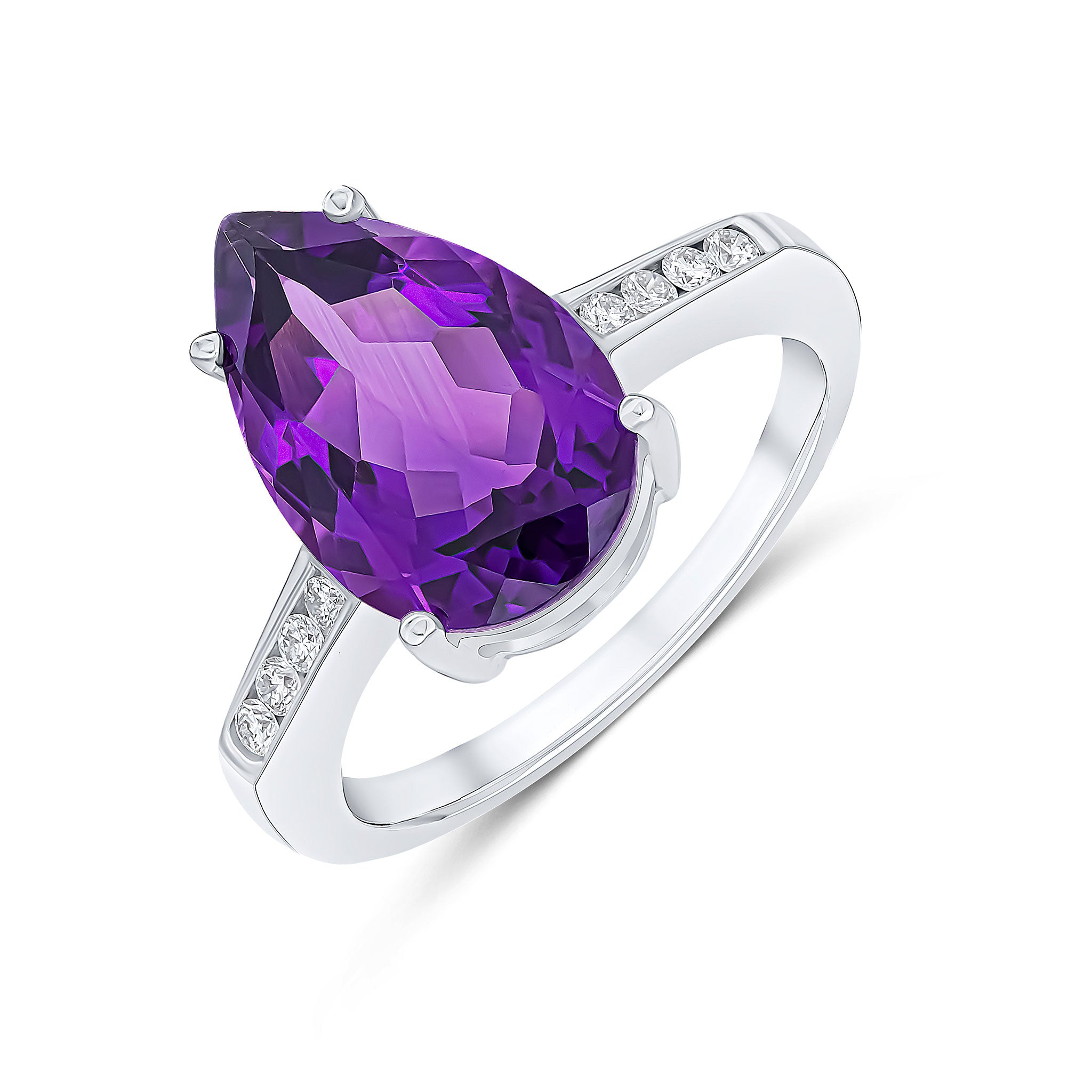 9ct White Gold 14x9 Pear Shape Amethyst Single Stone Ring with Channel Set Diamond Shoulders