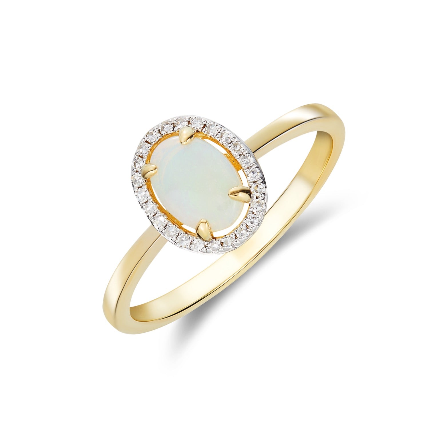 9ct Yellow Gold 7x5 Oval Opal & Diamond Halo Claw Set Cluster Ring Rhodium to Diamonds