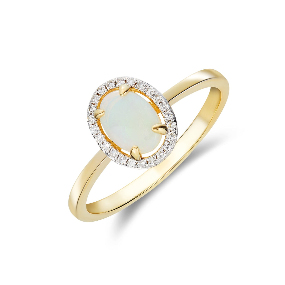 9ct Yellow Gold 7x5 Oval Opal & Diamond Halo Claw Set Cluster Ring Rhodium to Diamonds