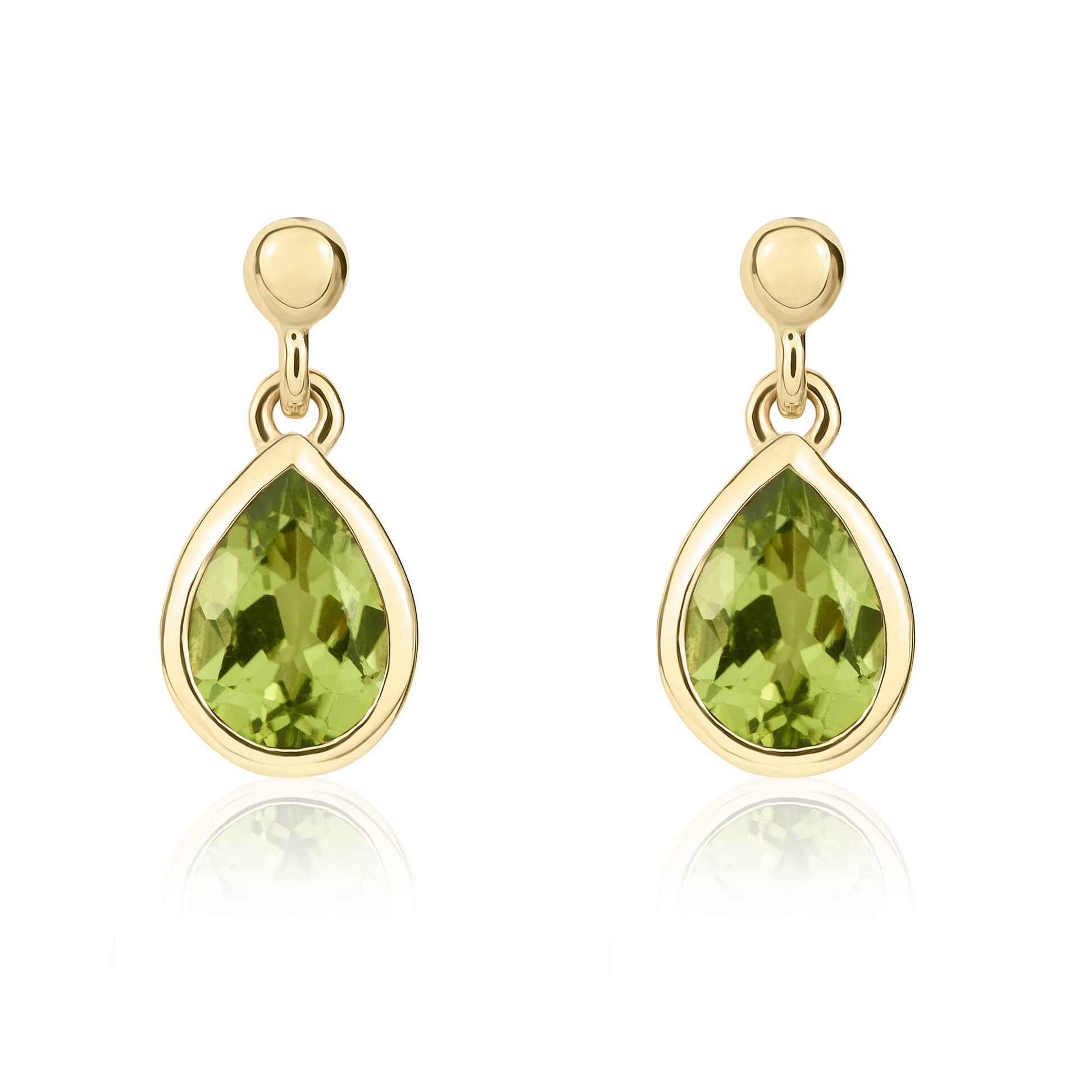 9ct Yellow Gold 6x4mm Pear Shape Peridot Rubover Drop Earrings with 2.5mm Bead Top