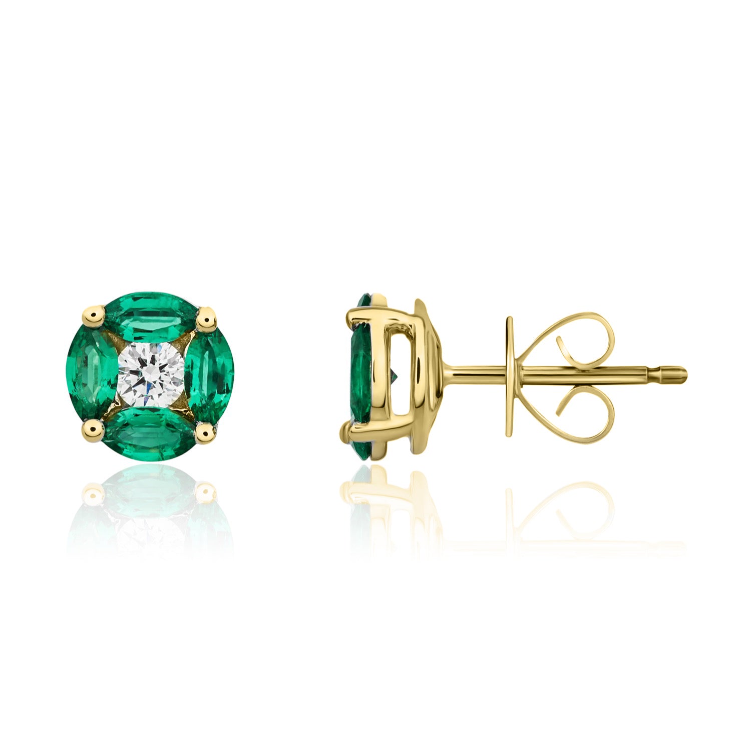 18ct Yellow Gold Marquise Emerald and Round Diamond Cluster Earrings