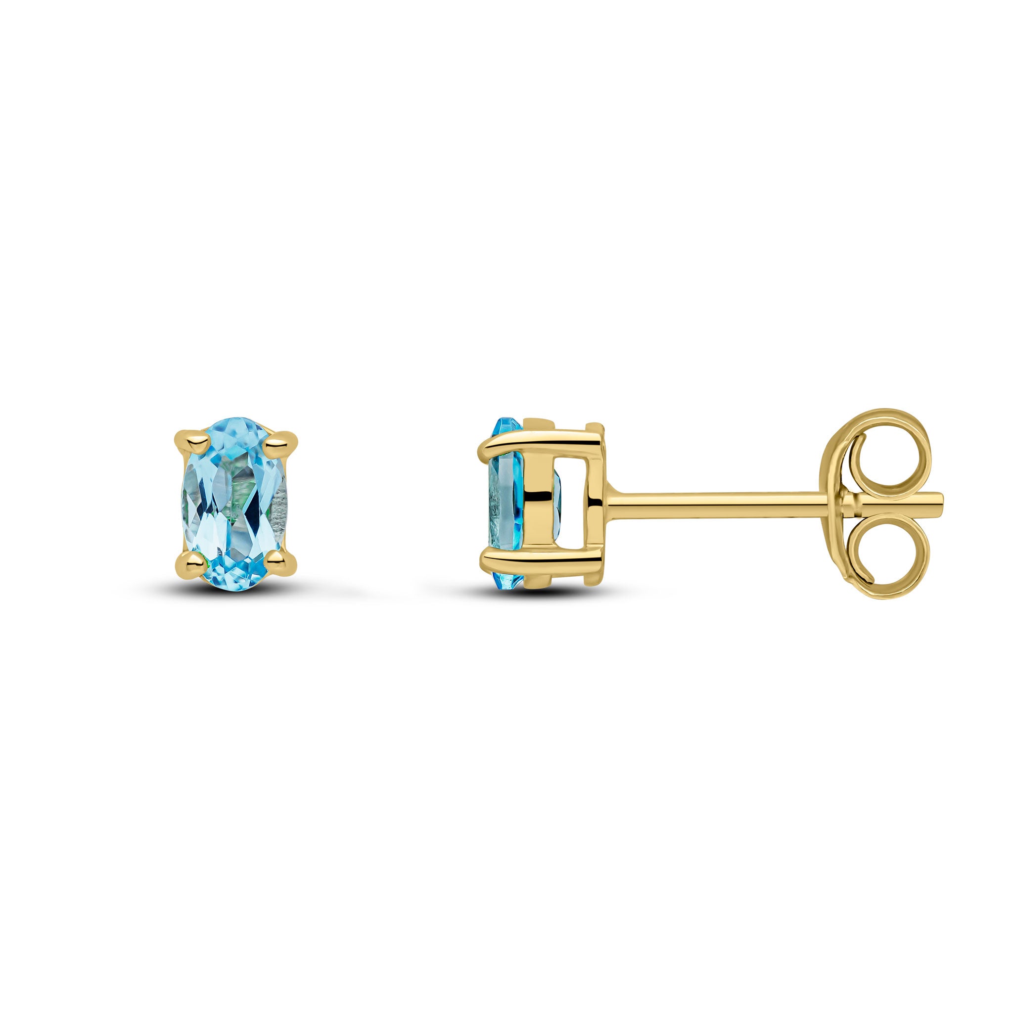 9ct Yellow Gold 5x3 Oval Swiss Blue Topaz Claw Set Earrings
