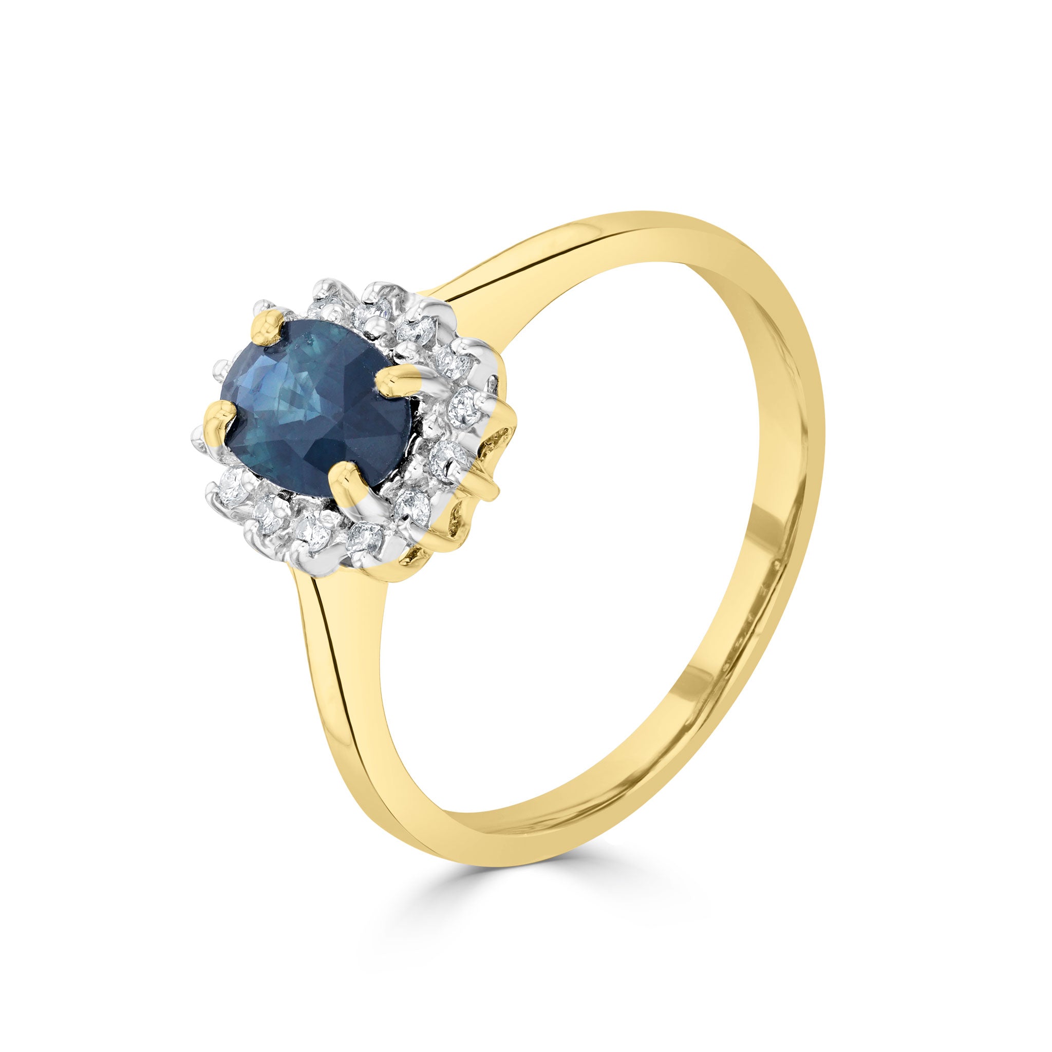 9ct Yellow Gold 7x5 Oval Sapphire & Diamond Claw Set Cluster Ring Rhodium to Diamonds