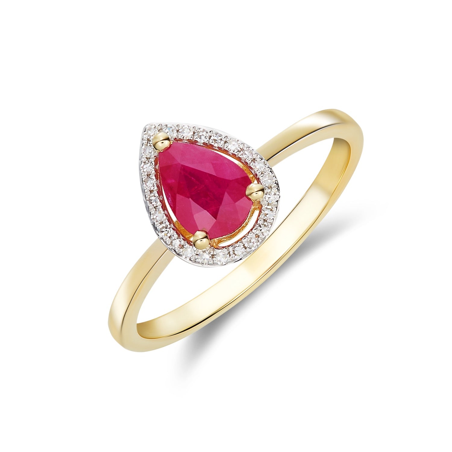 9ct Yellow Gold 7x5 Pear Shape Ruby & Diamond Halo Claw Cluster Ring Rhodium to Diamonds
