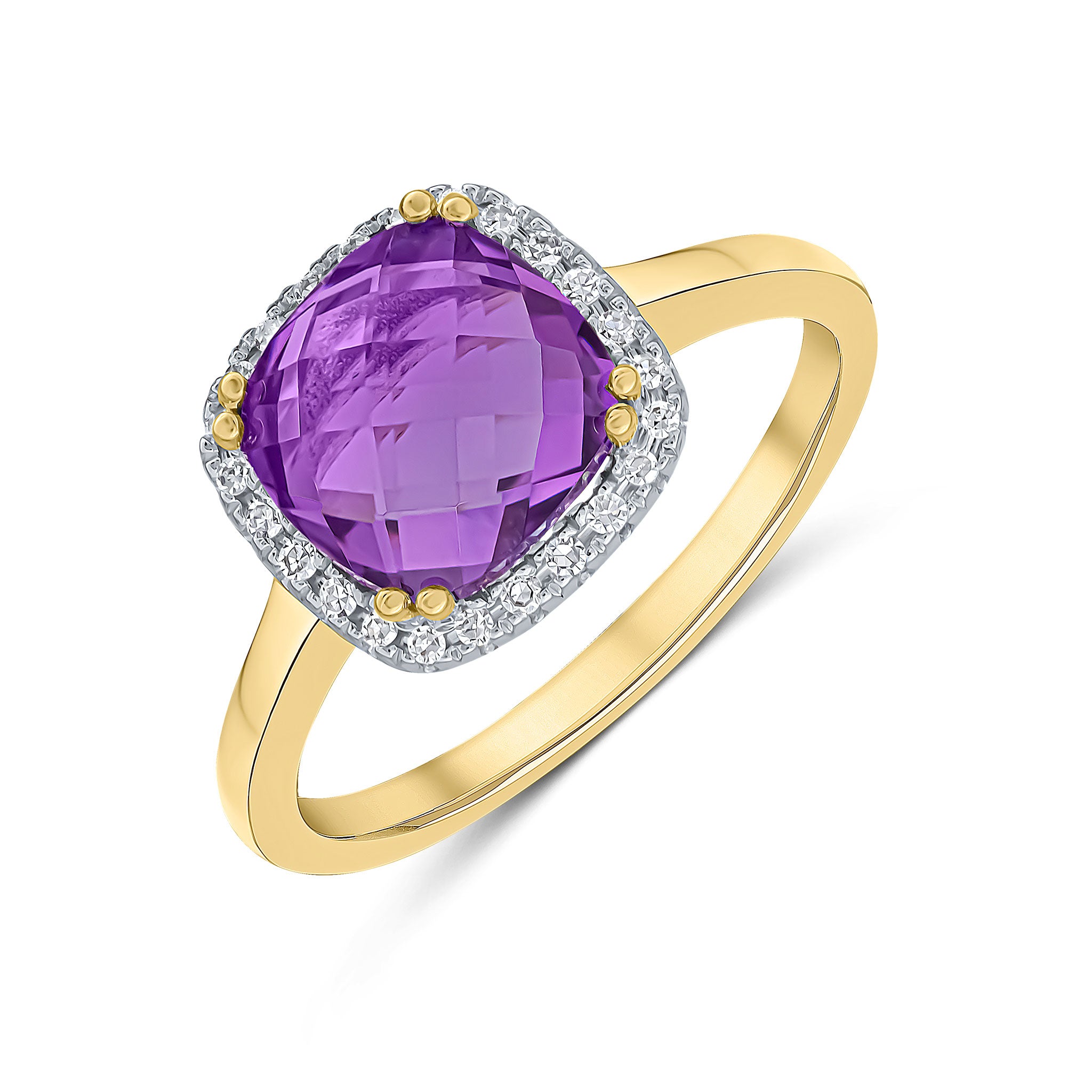 9ct Yellow Gold 8mm Cushion Checkerboard Cut Amethyst and Round Diamond Claw Set Cluster Ring