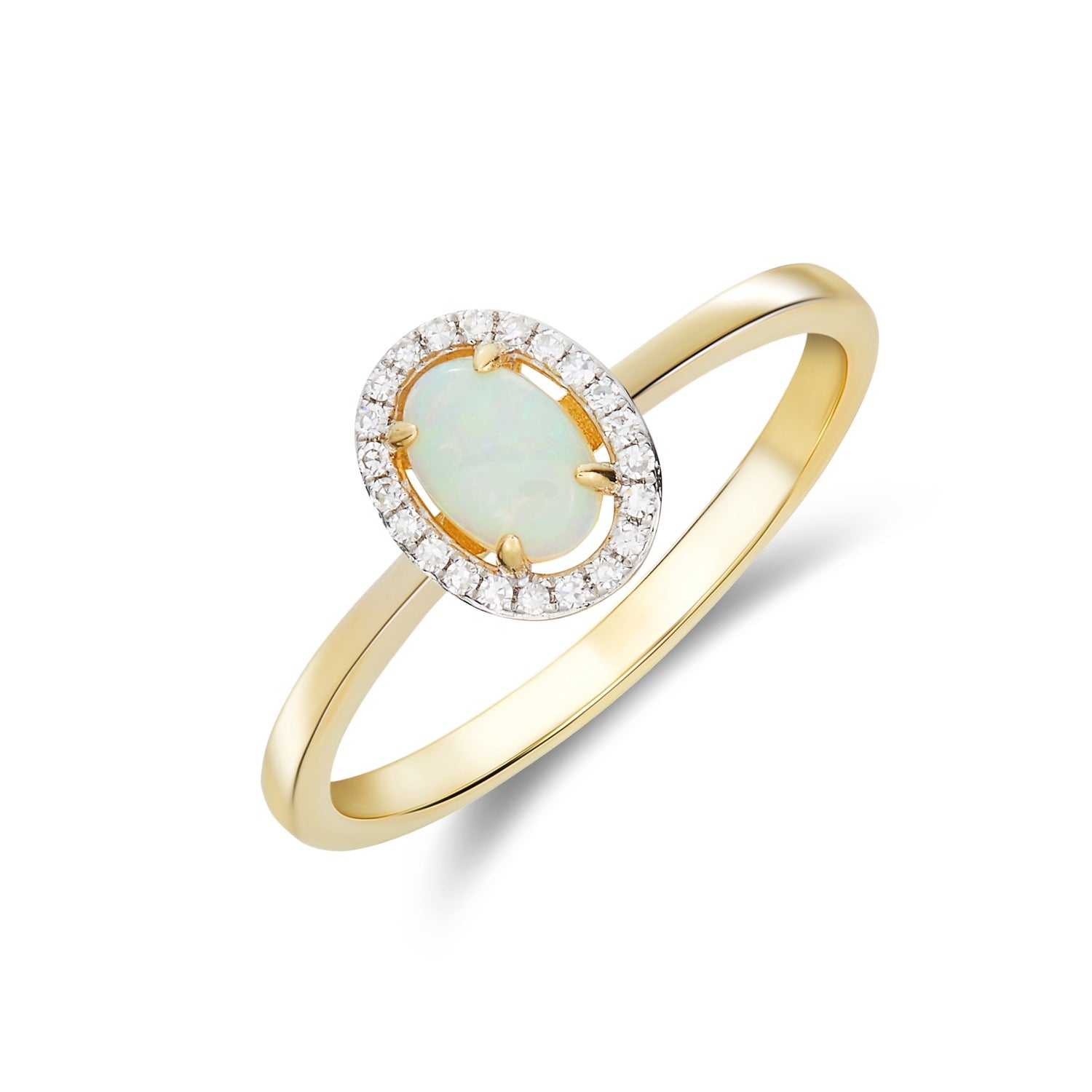 9ct Yellow Gold 6x4 Oval Opal and Round Diamond Halo Cluster Ring Rhodium to Diamonds