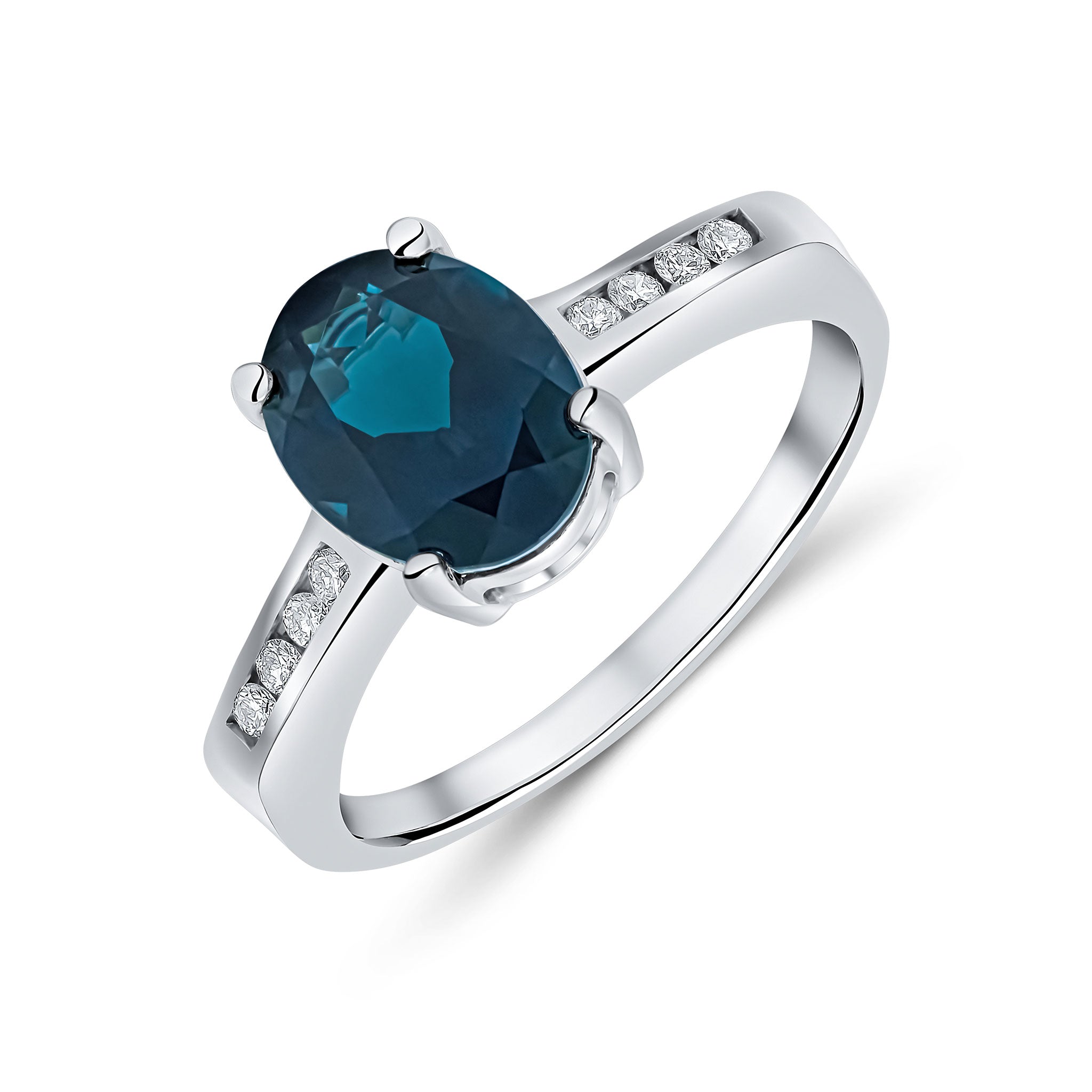 9CT WG 9X7MM CLAW SET OVAL LONDON BLUE TOPAZ SINGLE STONE RING WITH CHANNEL SET DIAMOND SHOULDERS 1