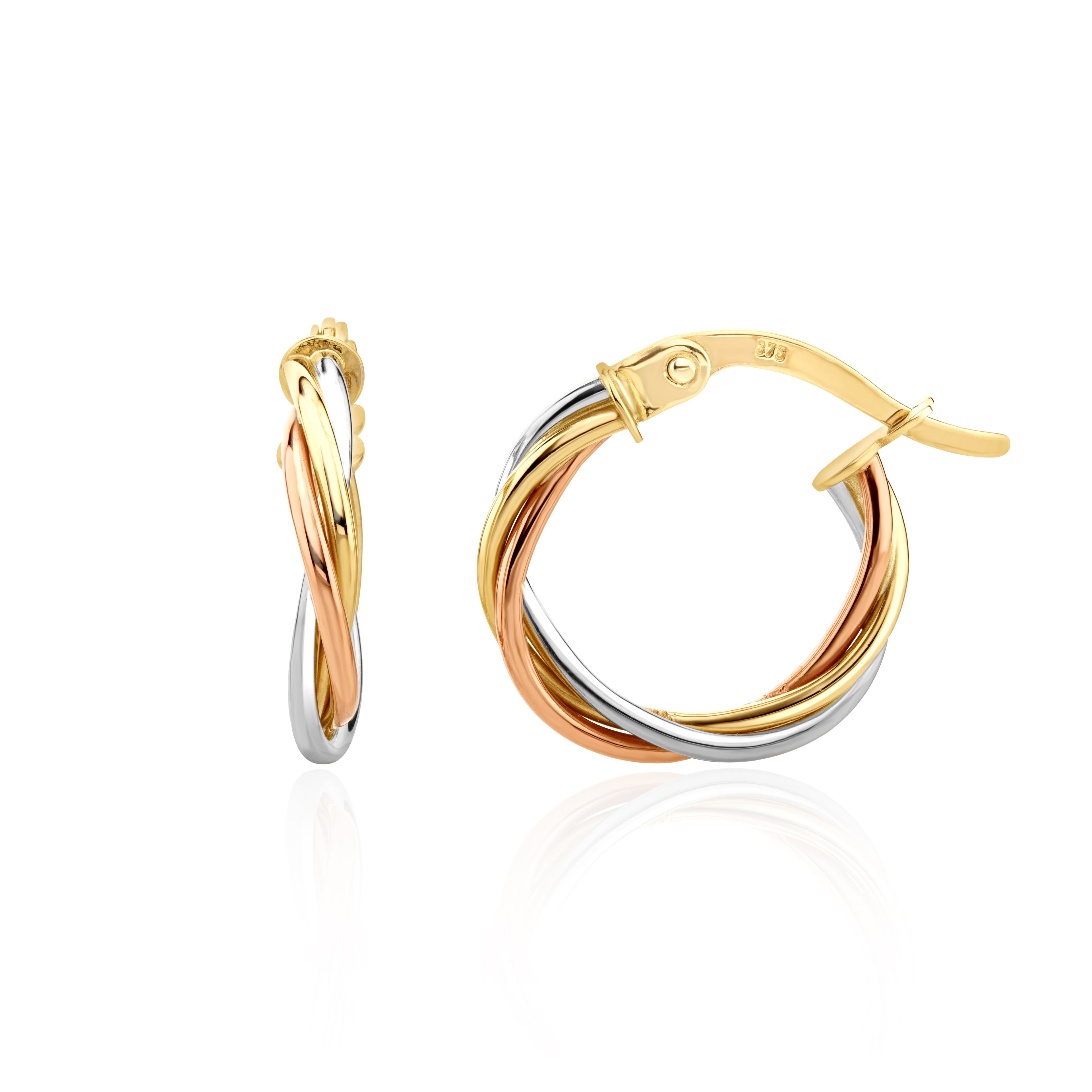 Three Tone 9ct Gold Russian Wedding Hoop Earrings