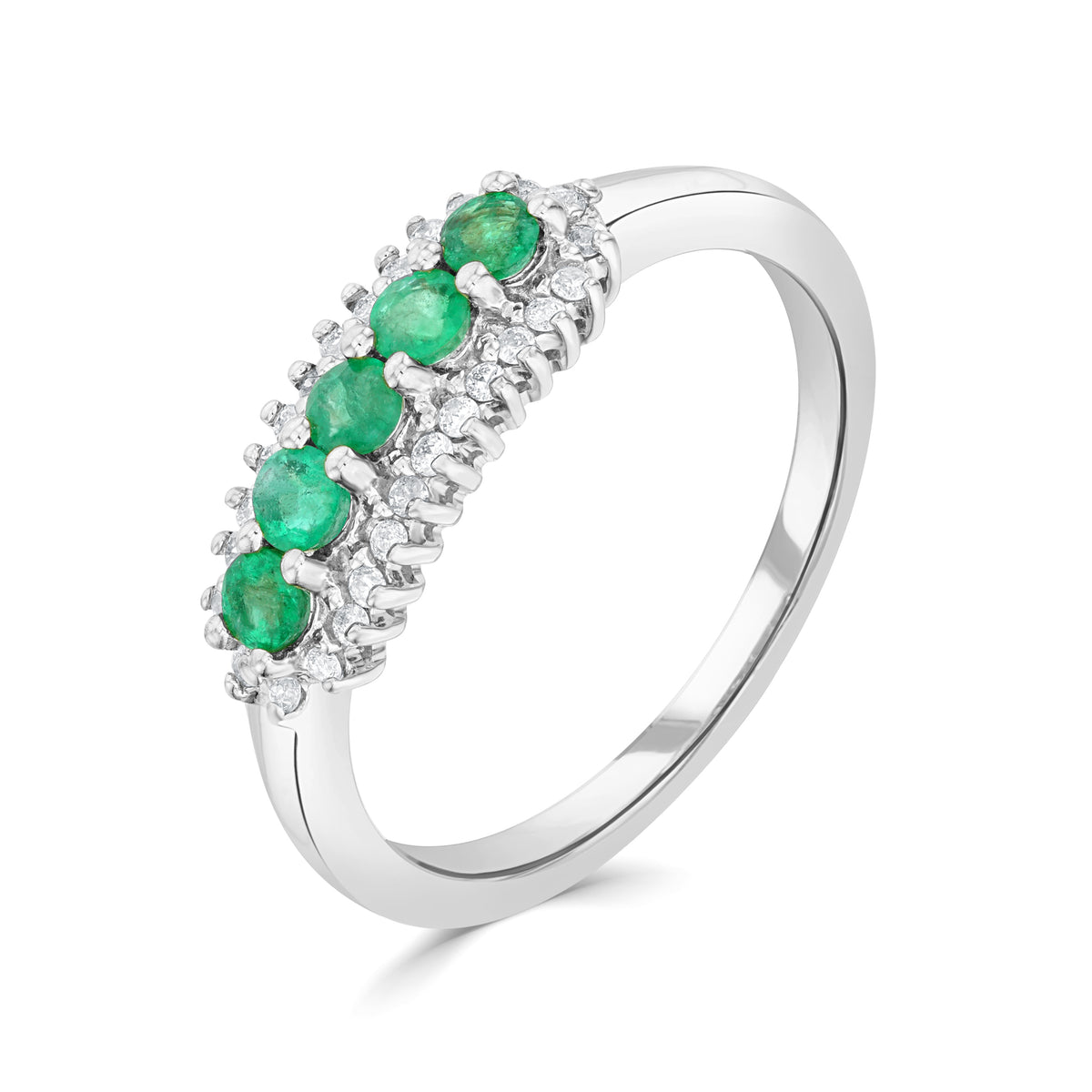 9ct White Gold Round Emerald and Round Diamond 3 Row Claw Set Band Ring