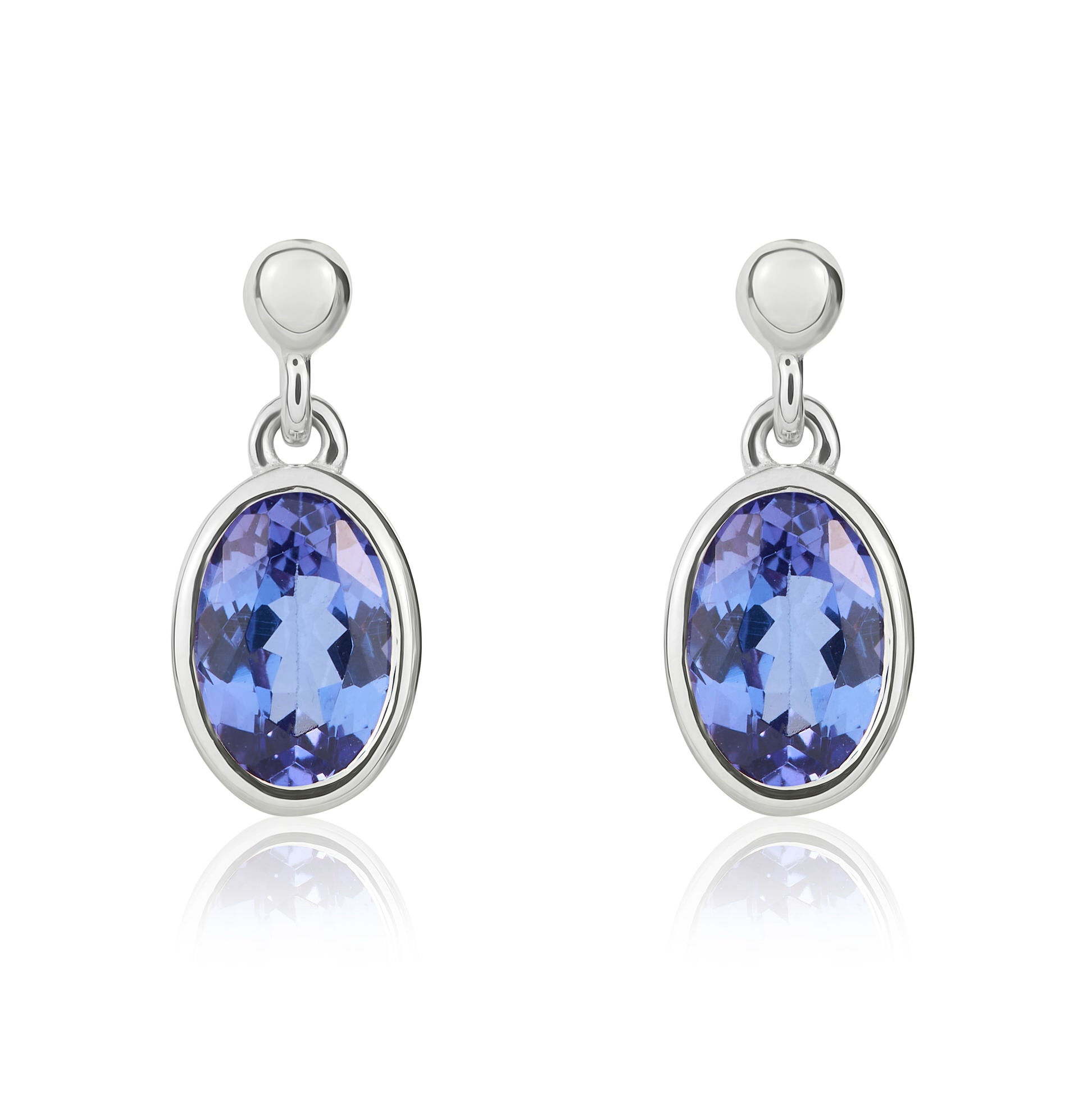 9ct white gold 7 x 5mm Oval Tanzanite Rubover Drop Earrings With Bead Top