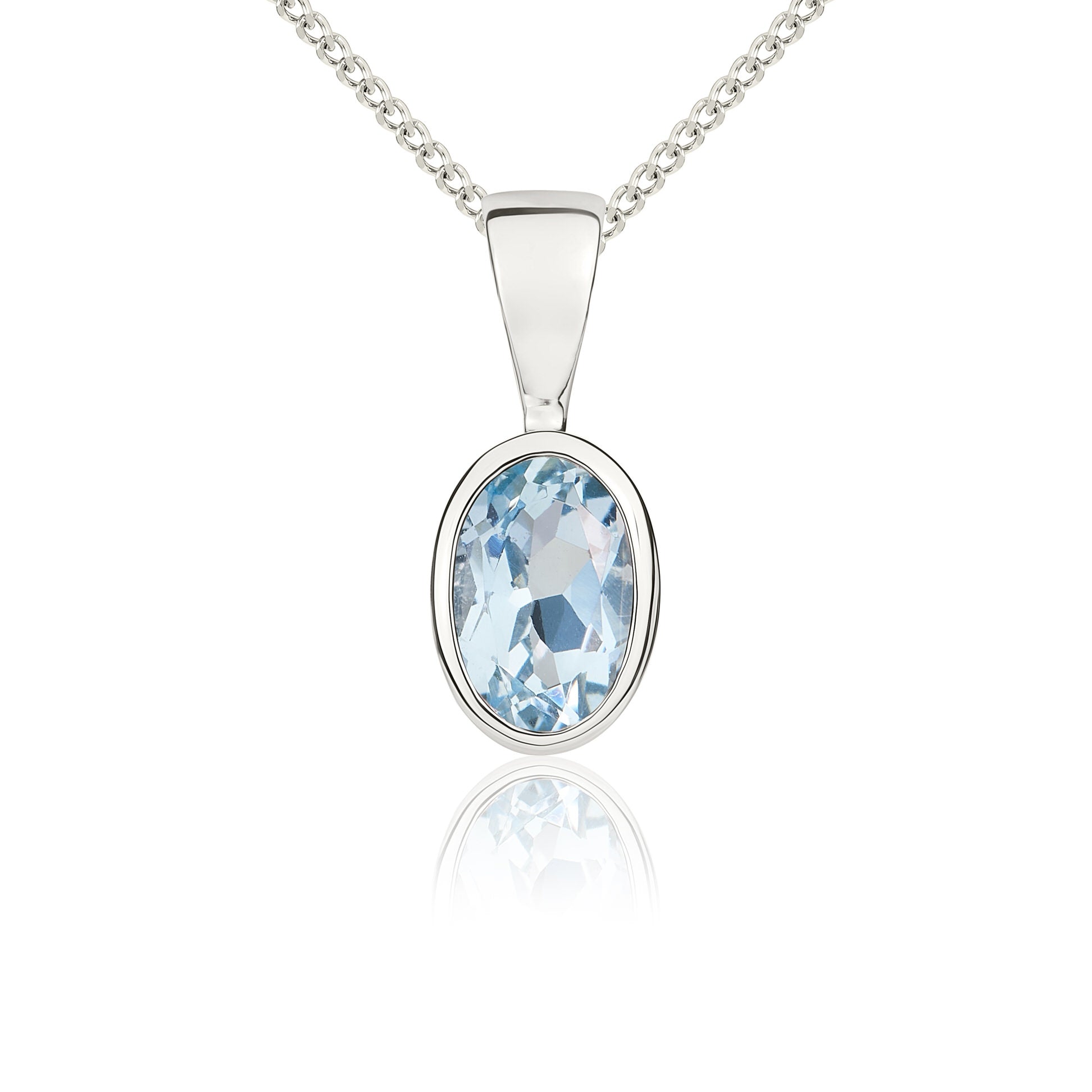 9ct white gold 6X4mm Oval Aquamarine Rubover Pendant
