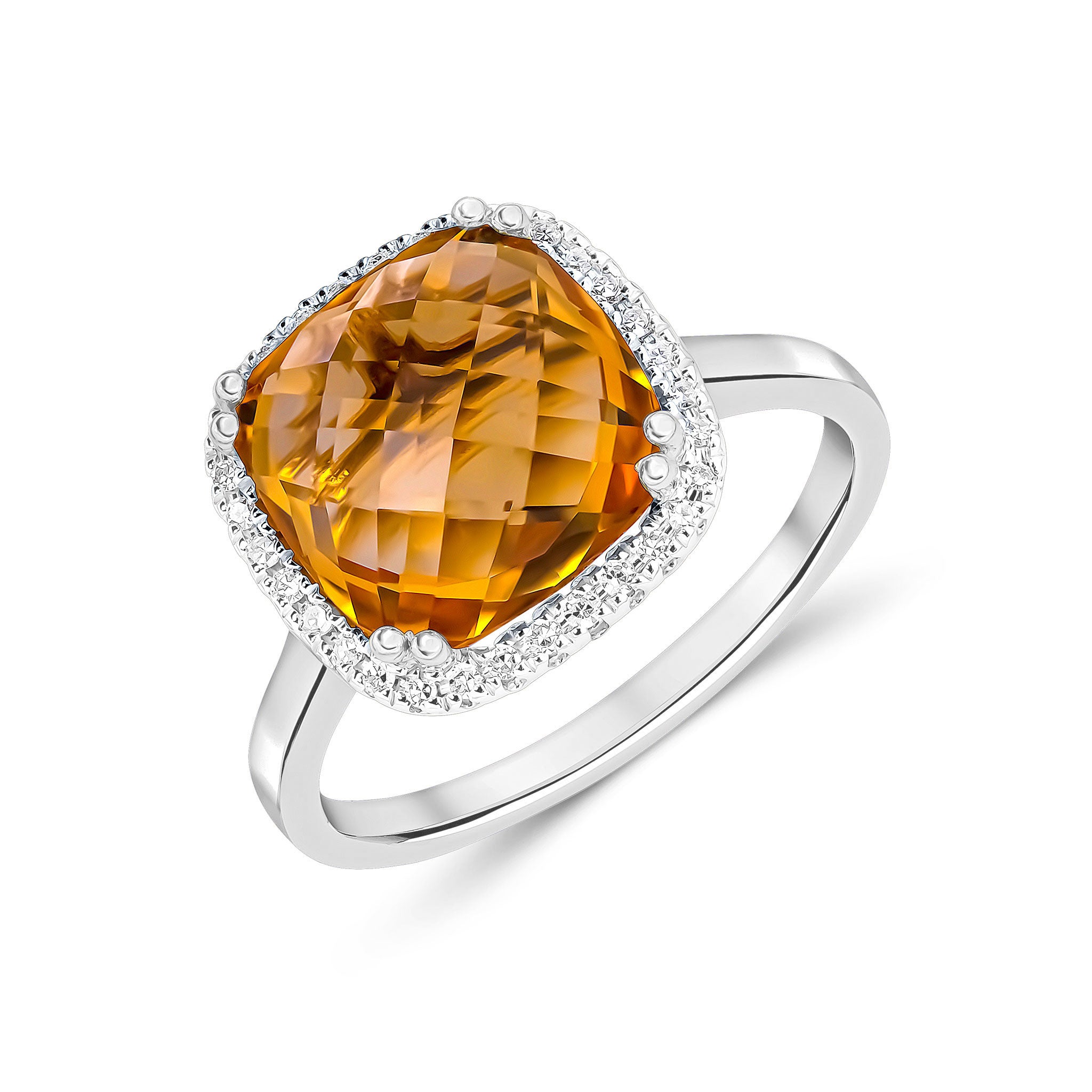 9CT WG 10MM CHECKERBOARD CUT CUSHION CITRINE & DIAMOND CLAW SET CLUSTER RING 1