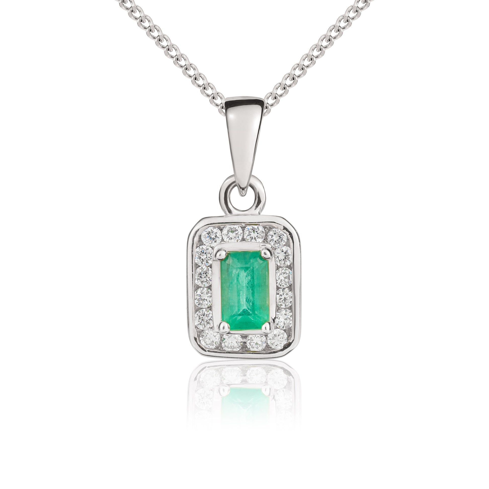 9ct White Gold 5x3 Octagon Emerald & Diamond Cluster Pendant