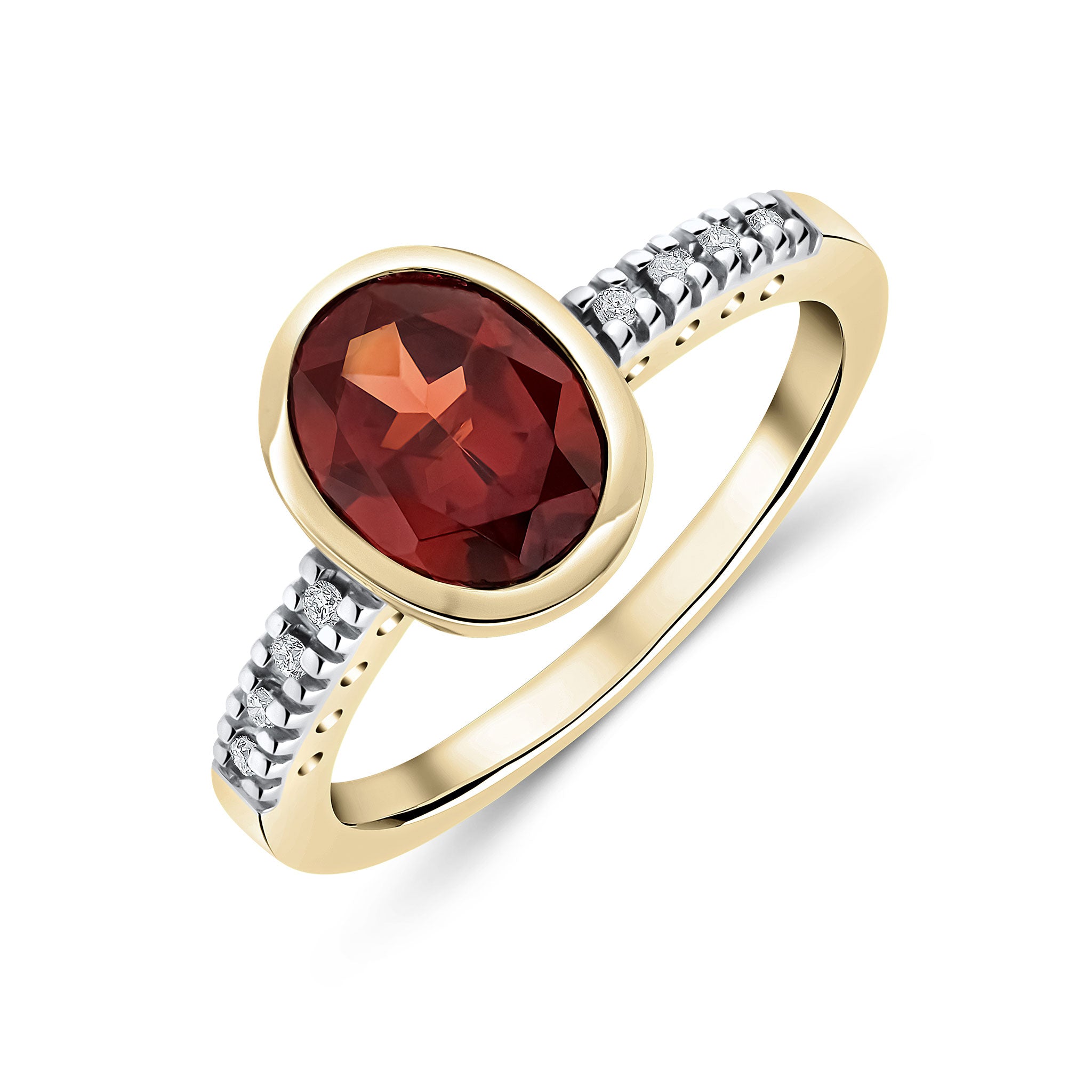 9ct Yellow Gold Rubover 9x7 Oval Garnet Single Stone Ring with Claw Set Diamond Shoulders