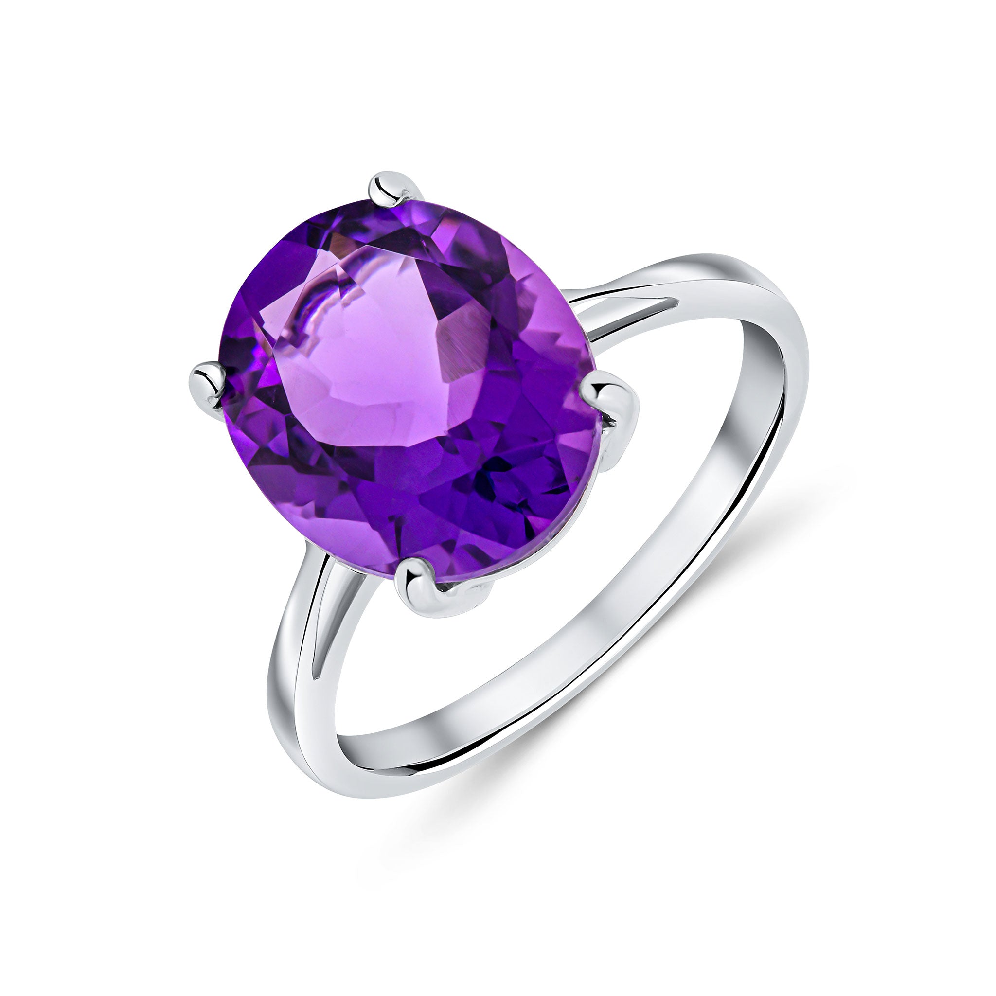 9ct White Gold 12x10mm Oval Amethyst Claw Set Single Stone Ring