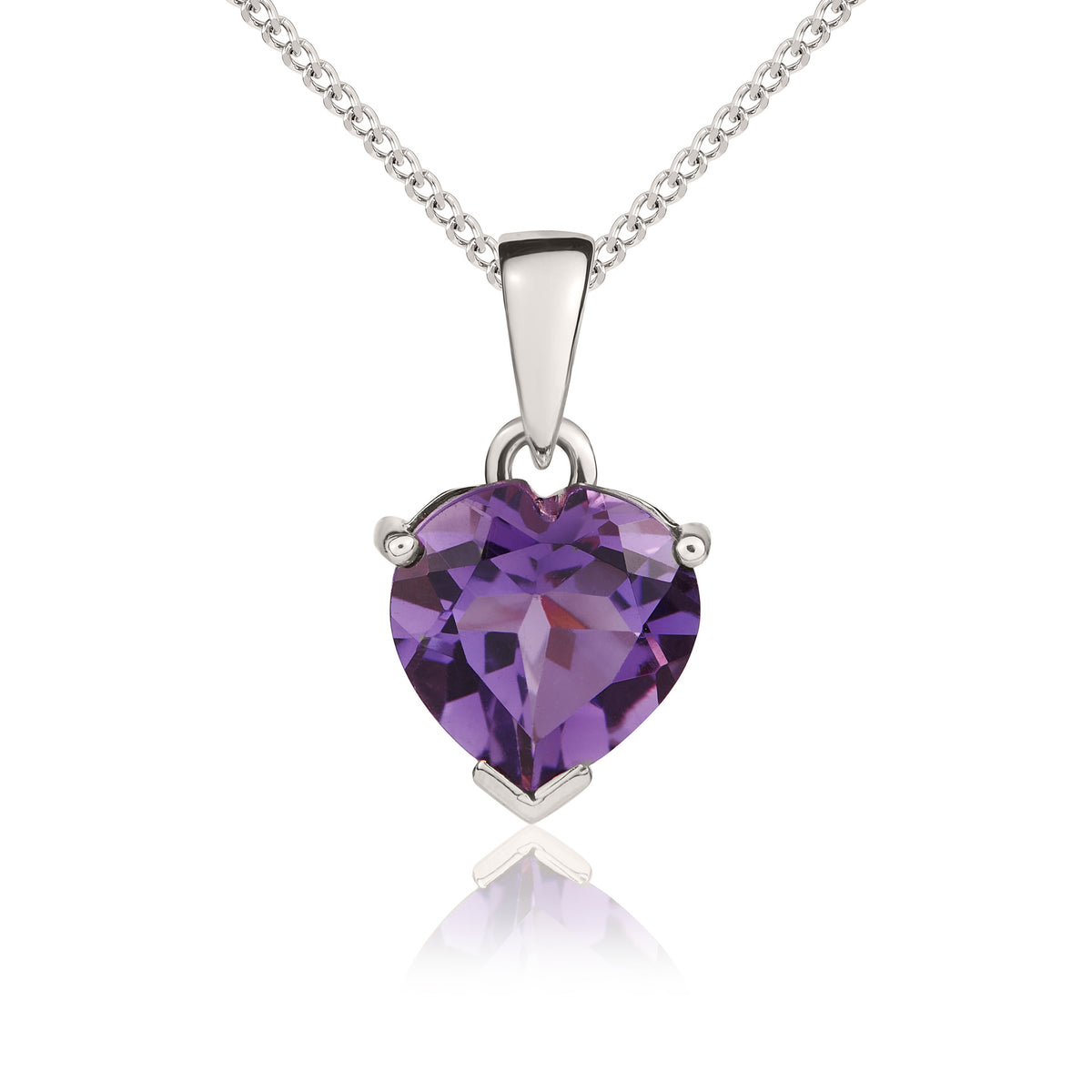 9ct White Gold 8mm Heart Amethyst Claw Pendant