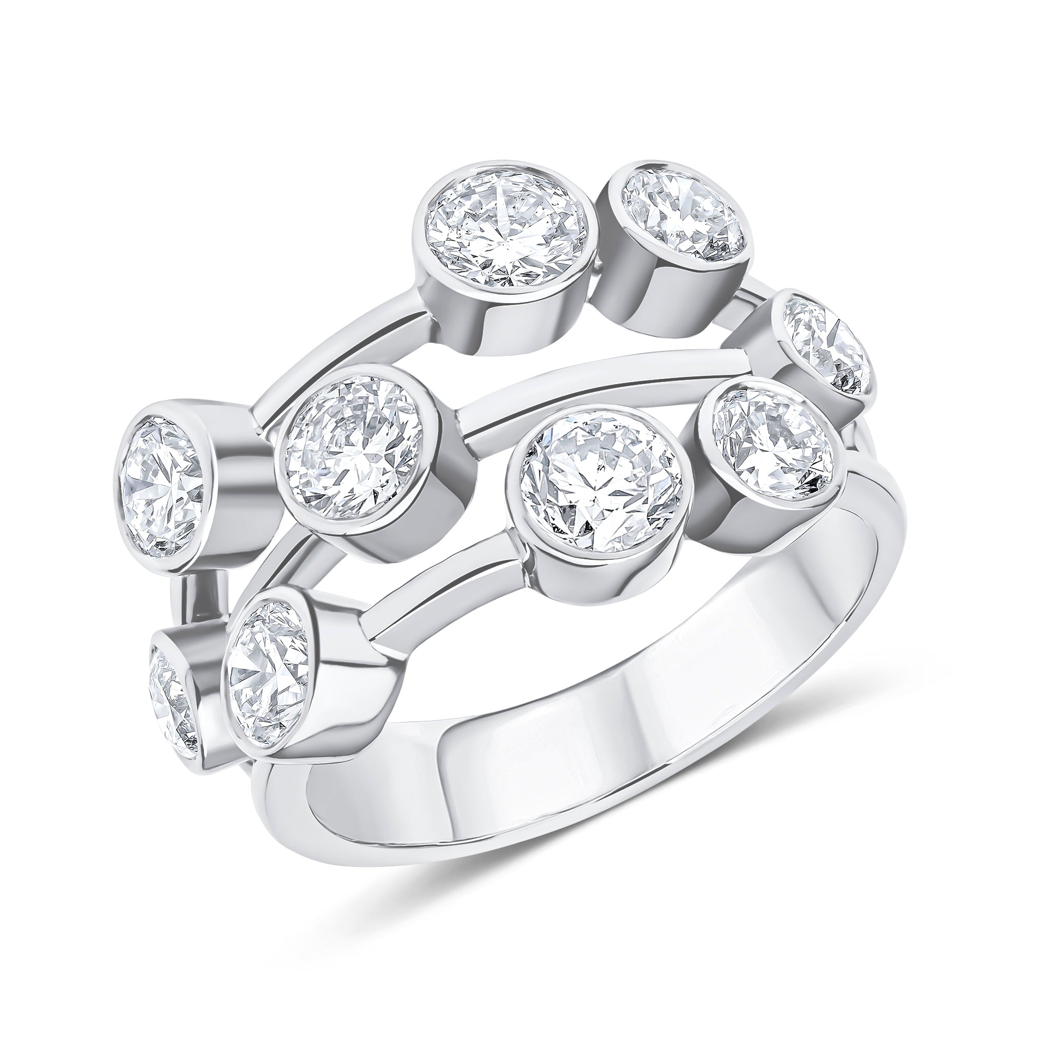 18ct White Gold Round Diamond 3 Row Bubble Ring 3ct