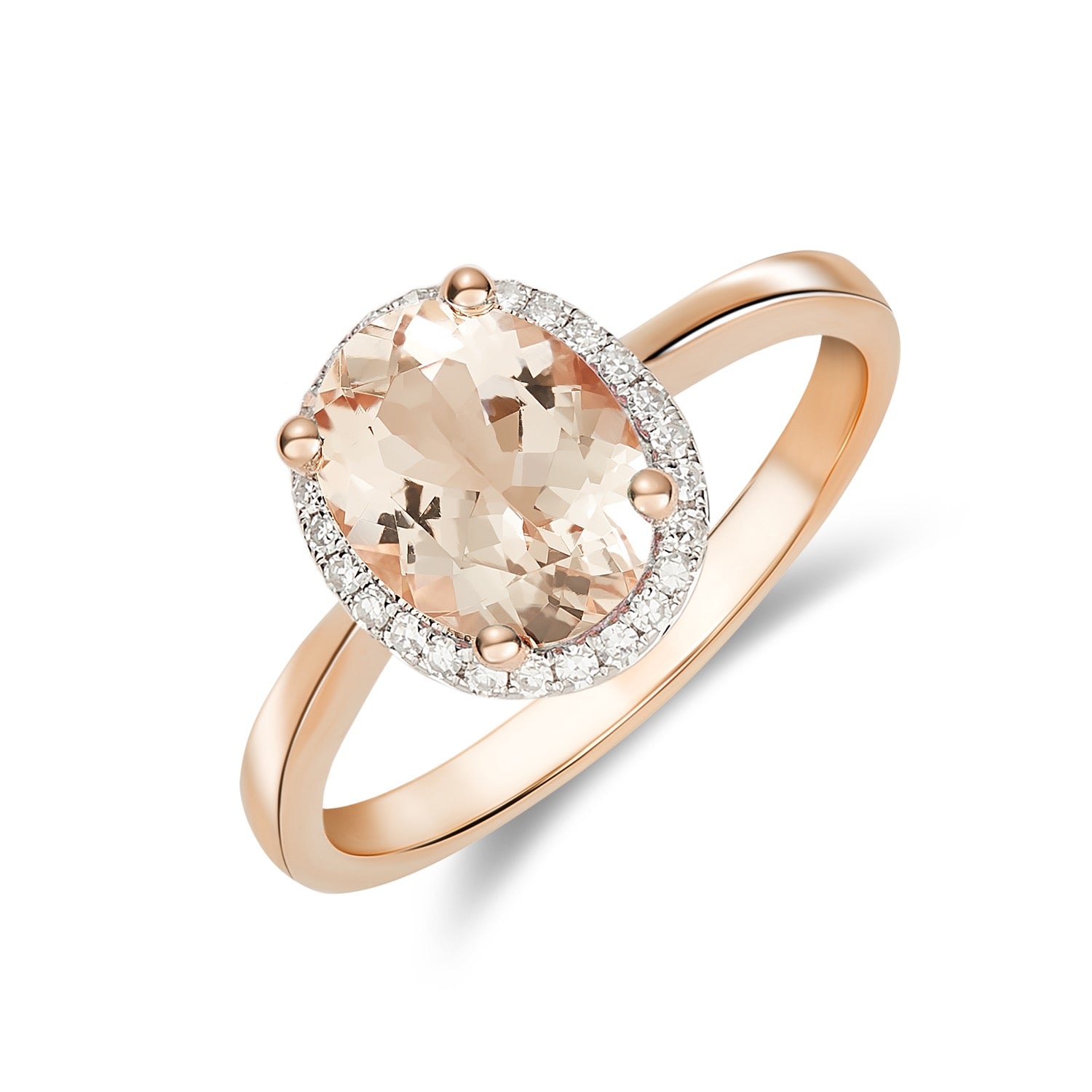 9ct Rose Gold 9x7 Oval Morganite and Diamond Claw Set Cluster Ring Rhodium to Diamonds