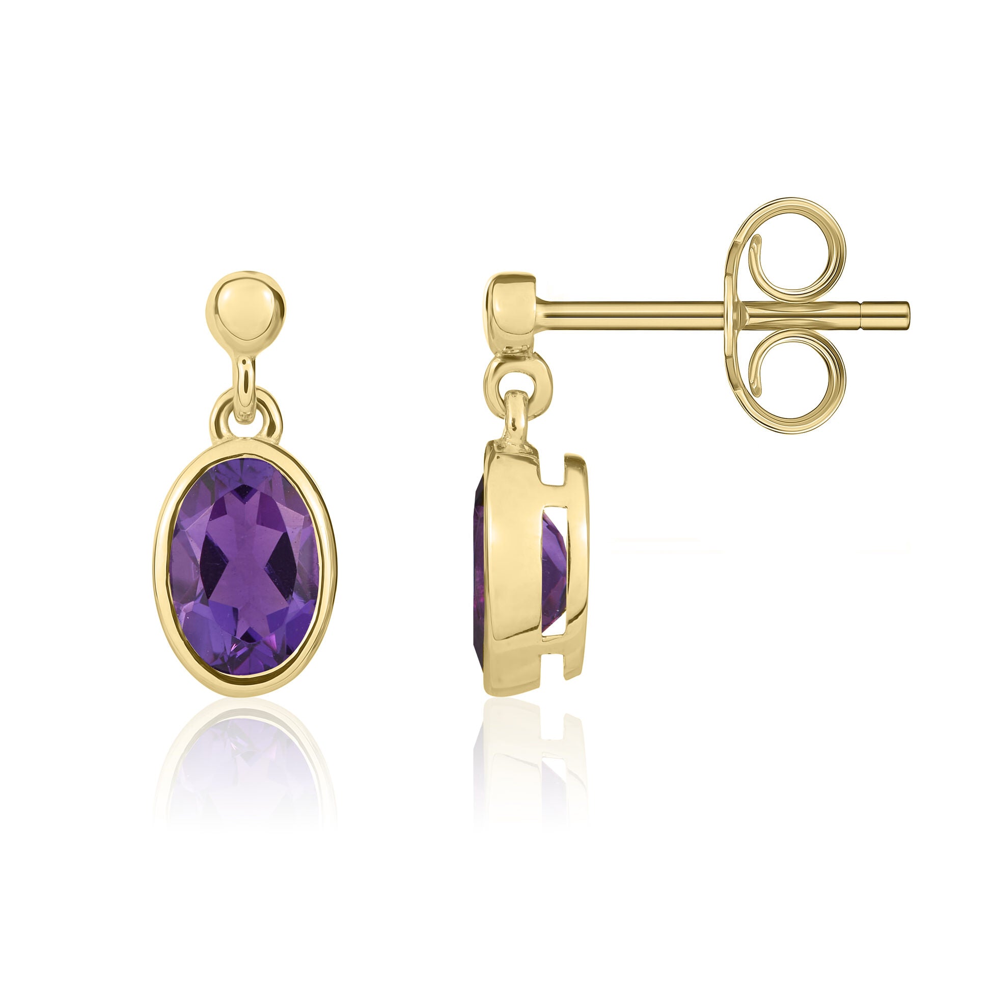 9ct yellow gold 6 x 4 mm oval Amethyst rubover Drop Earrings With 2.5mm Bead Top
