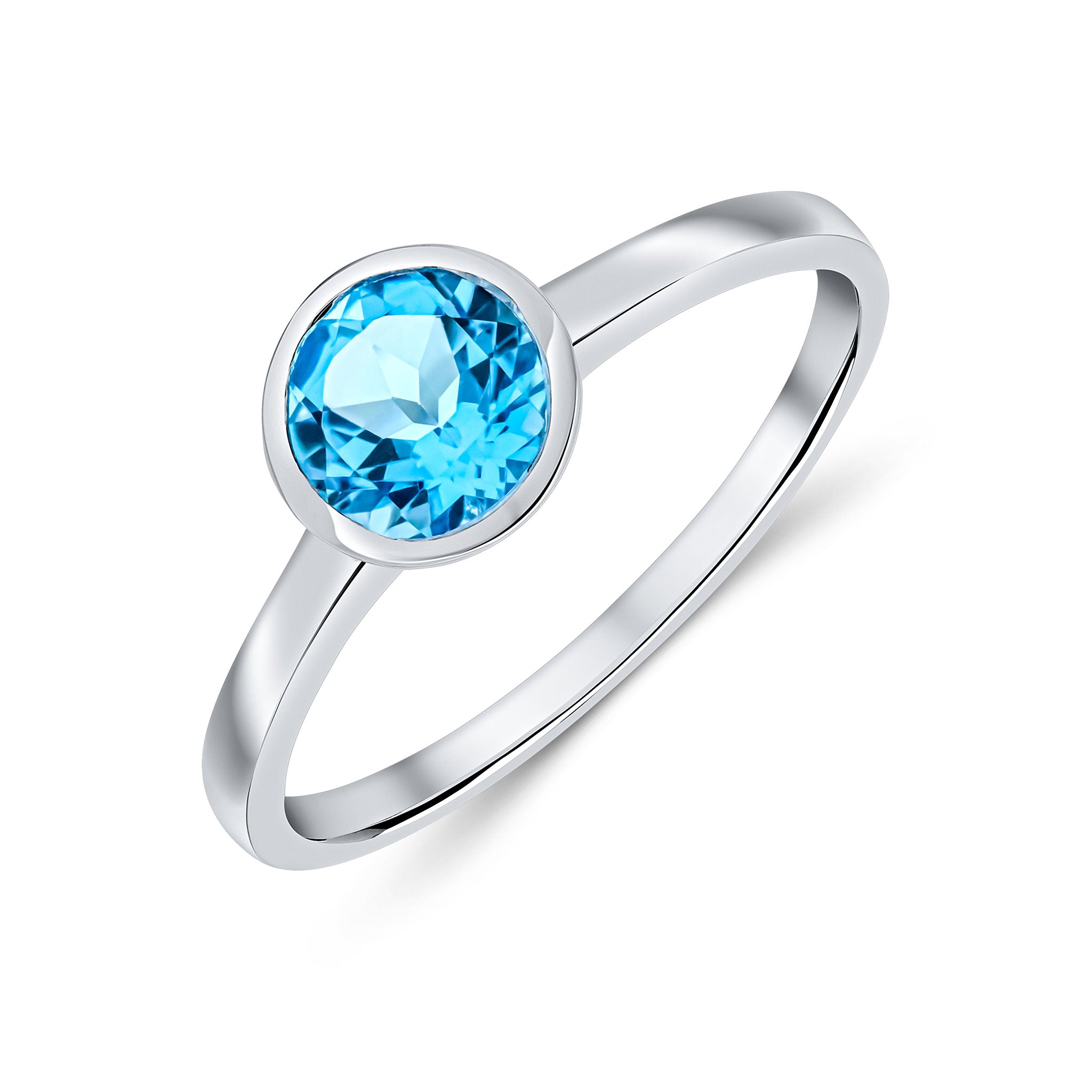 9ct White Gold 6mm Round Swiss Blue Topaz Rubover Single Stone Ring