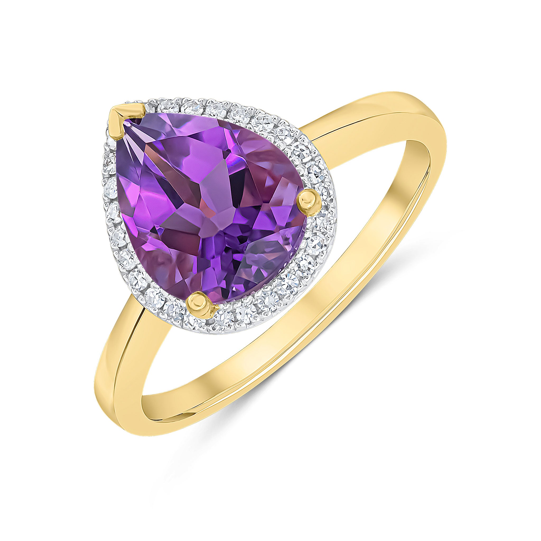 9ct Yellow Gold 10x8 Pear Shape Amethyst & Diamond Cluster Ring