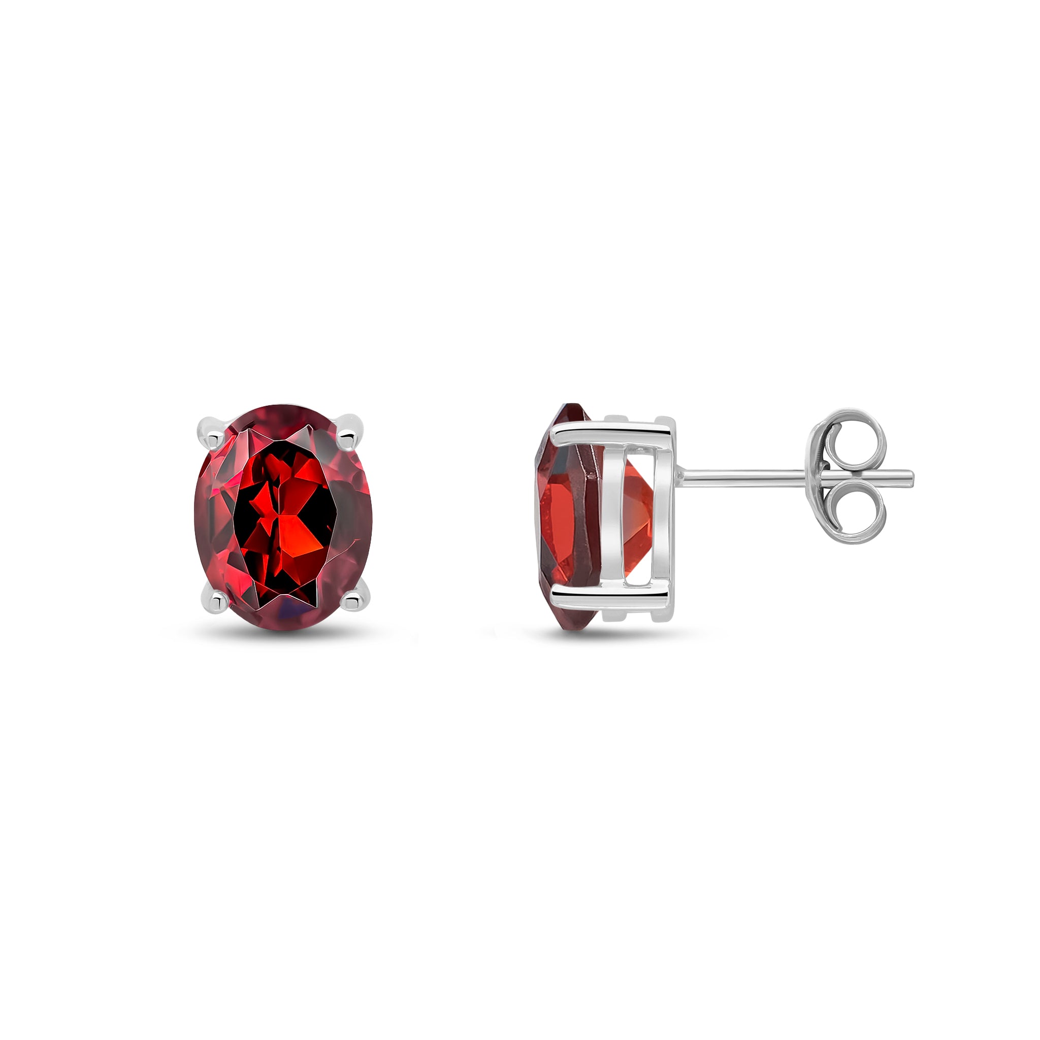 9ct White Gold 9x7 Oval Garnet Claw Earrings