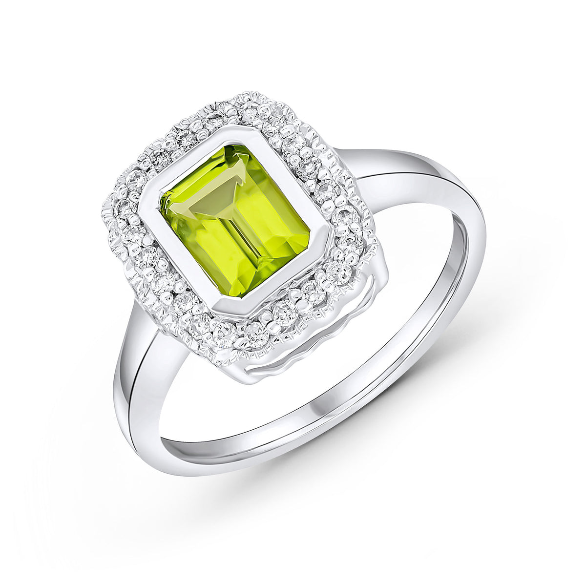 9ct White Gold Rubover 7x5 Octagon Peridot and Diamond Cluster Ring with Milgrain Edge