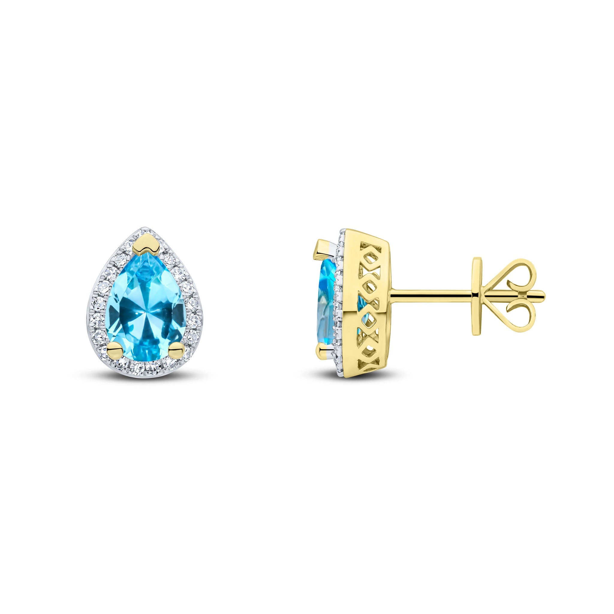 9ct Yellow Gold 7x5 Pear Shape Swiss Blue Topaz & Diamond Cluster Earrings Rhodium to Diamonds