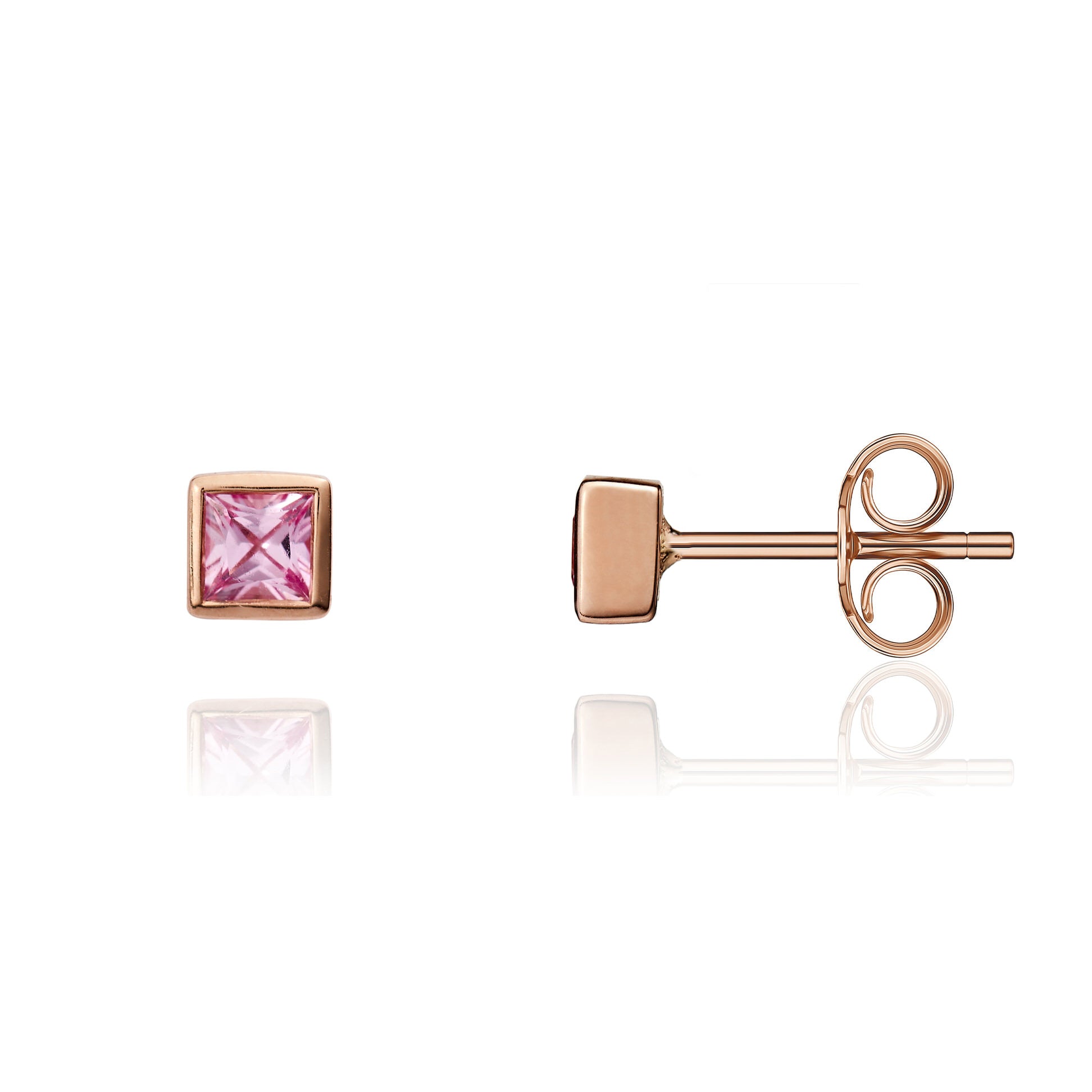 9ct Rose Gold 3mm Square Pink Sapphire Rubover Set Earrings