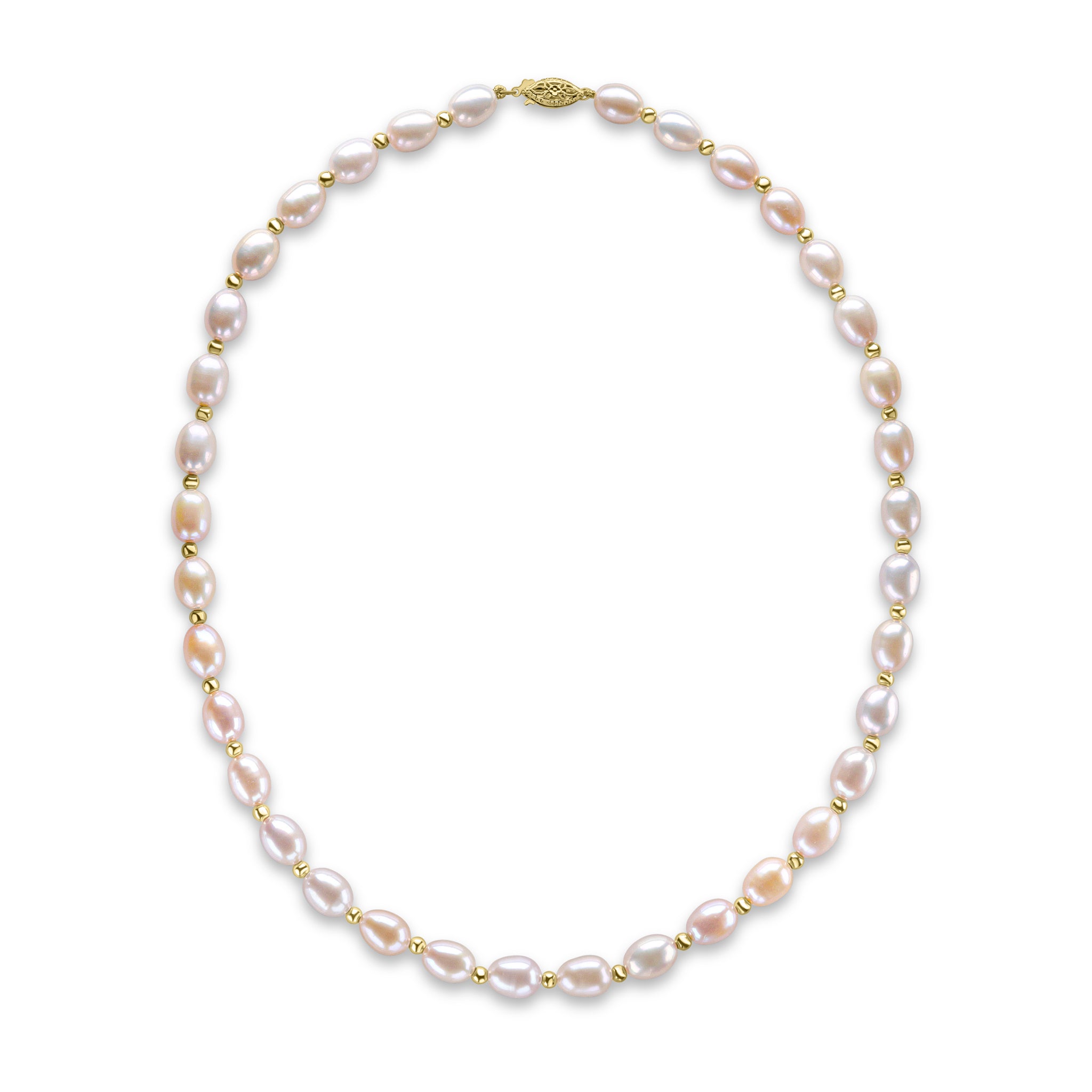Genunine 9ct Yellow Gold Pink Rice Pearl Bead Design Necklace with Fancy Clasp 18"
