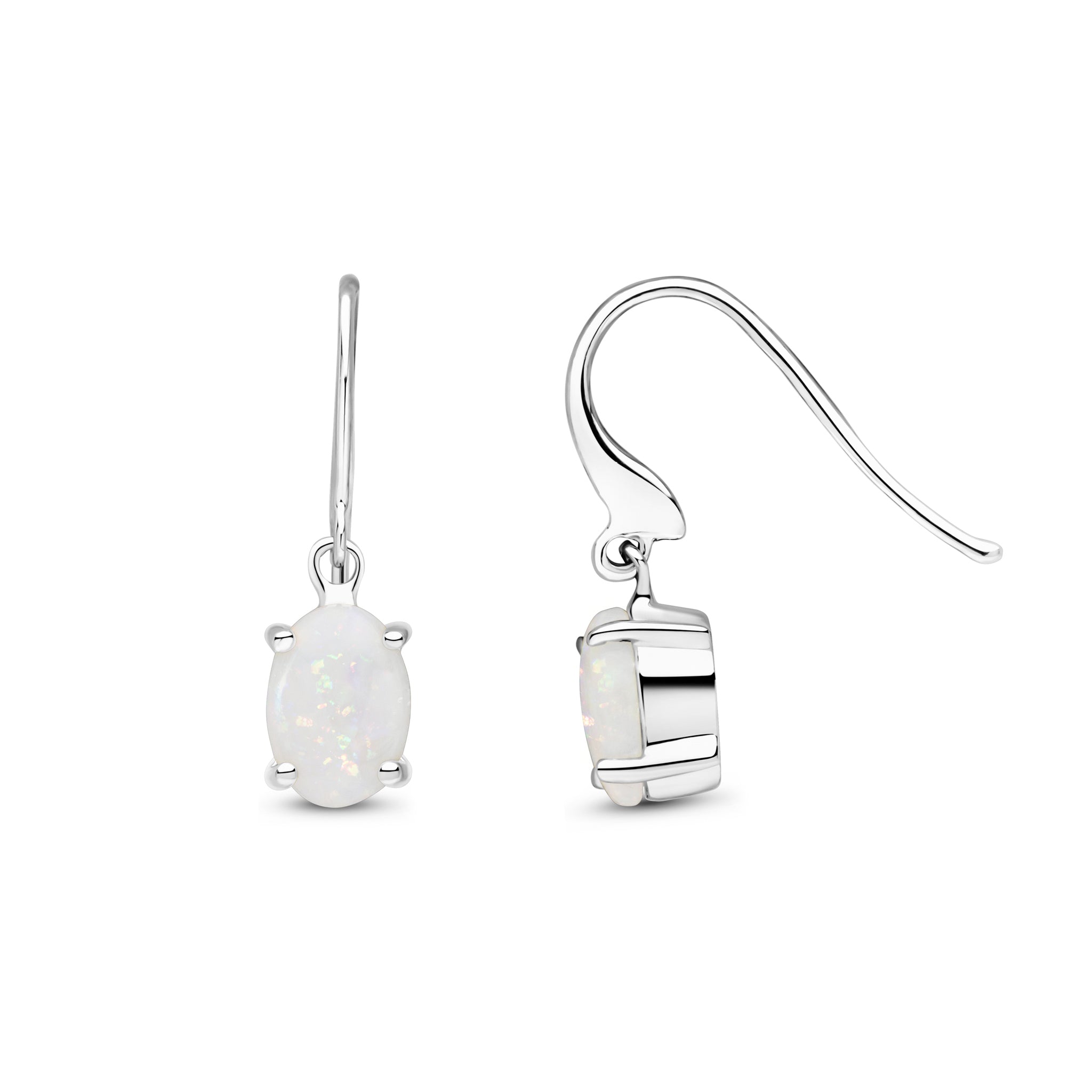 9ct white gold 7 x 5mm Oval Opal Claw Set Drop Earrings With Hook Wire Fitting