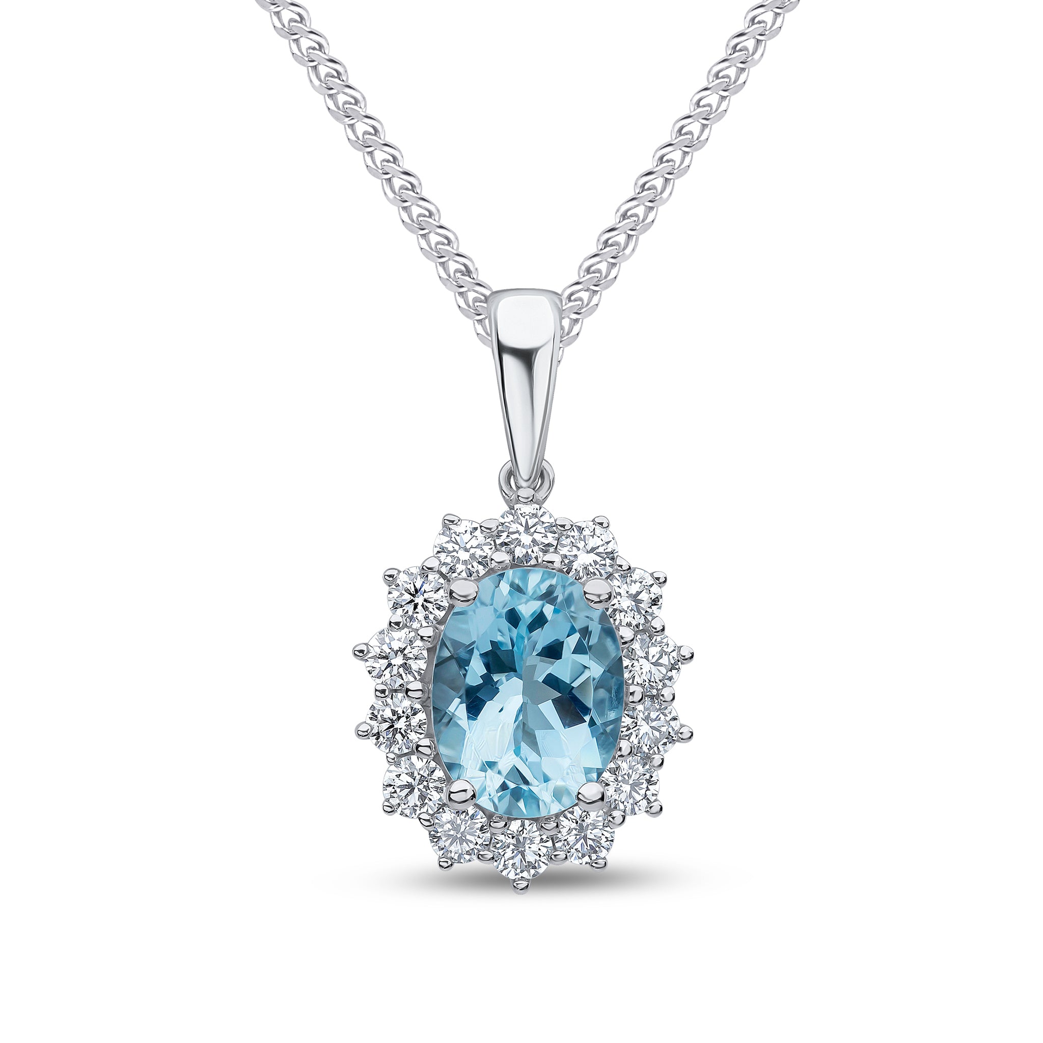 18ct White Gold 9x7 Oval Aquamarine and Diamond Claw Cluster Pendant with A Plain Loop Top