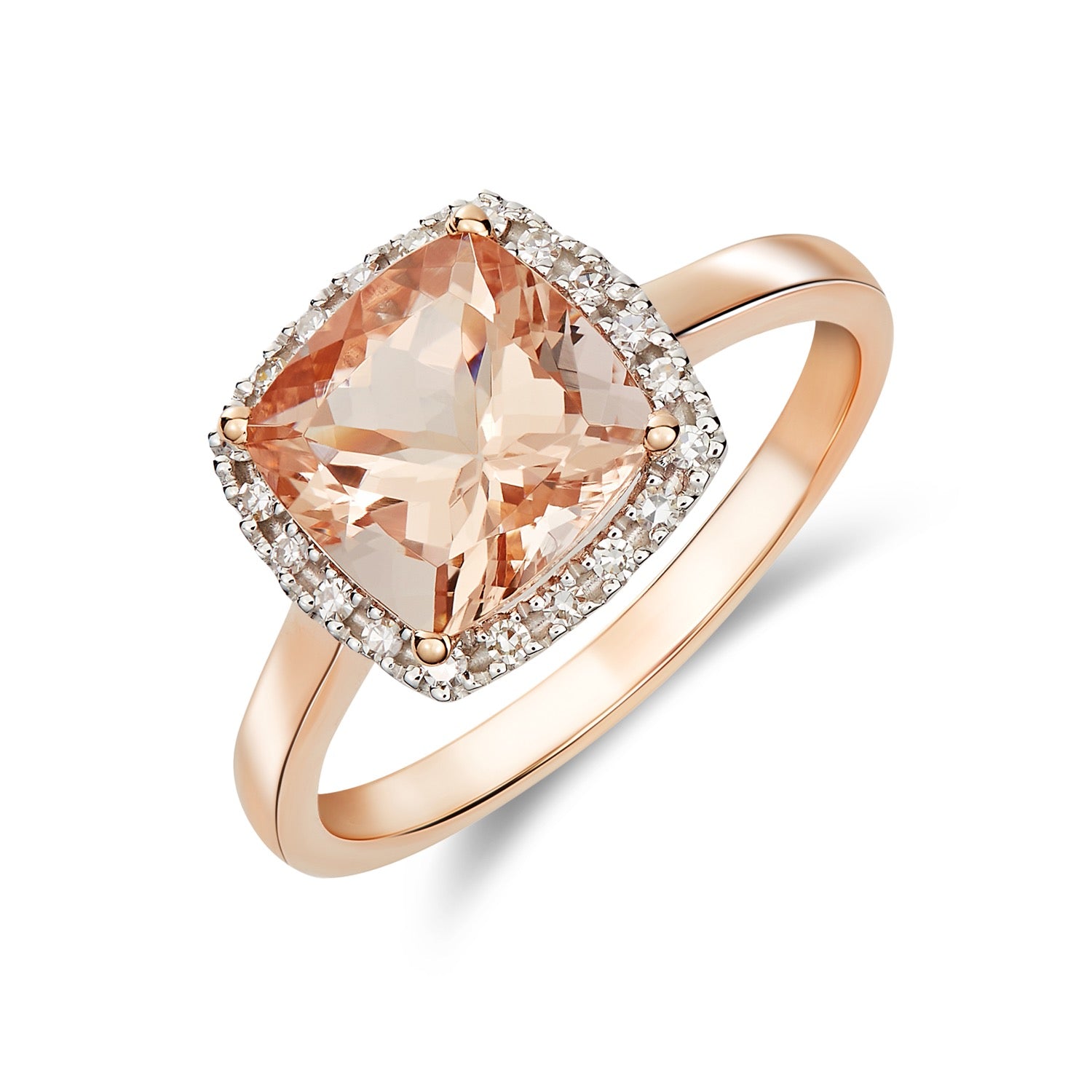 9ct Rose Gold 8mm Cushion Morganite & Diamond Cluster Ring Rhodium to Diamonds
