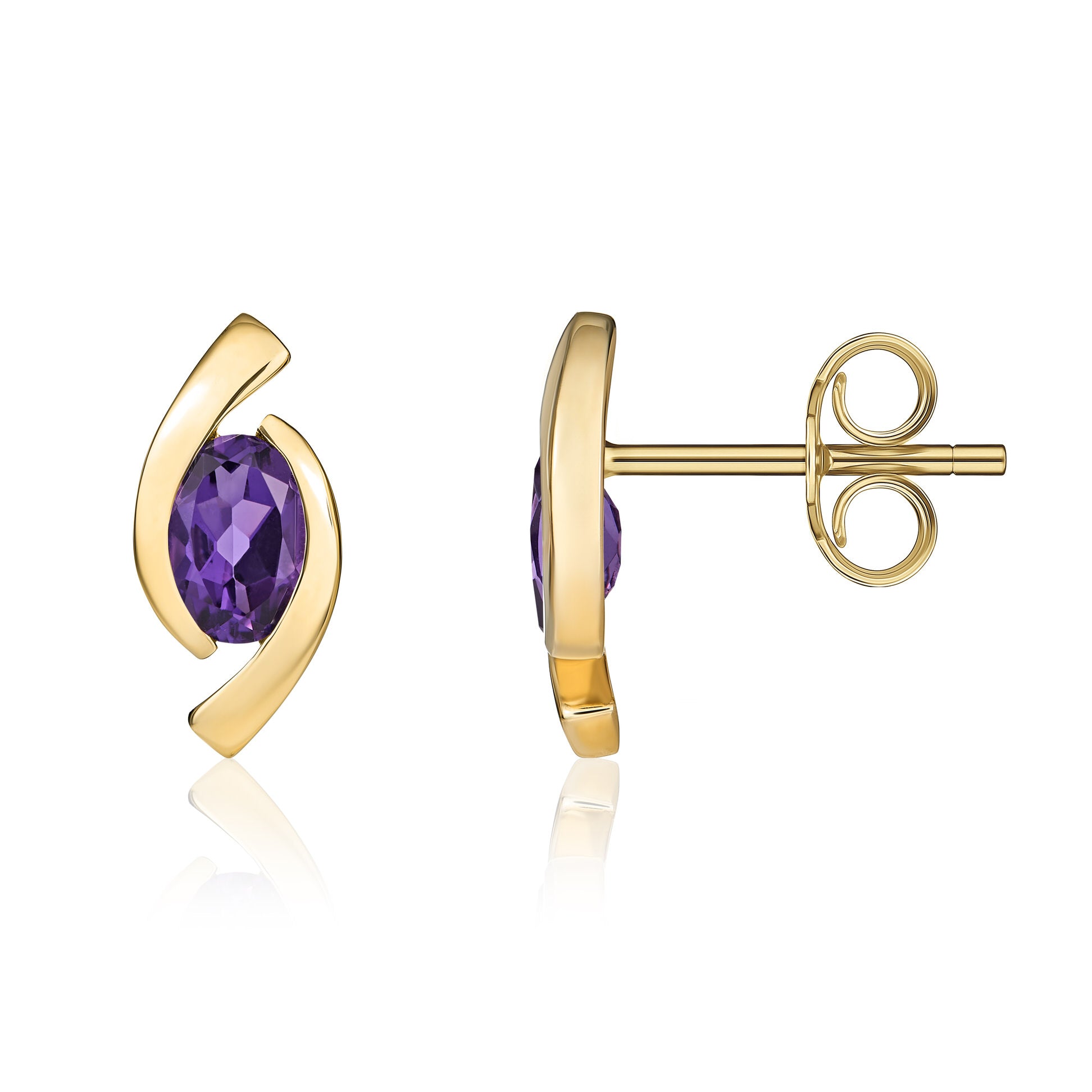 9ct Yellow Gold Oval Amethyst 'eye' Design Stud Earrings