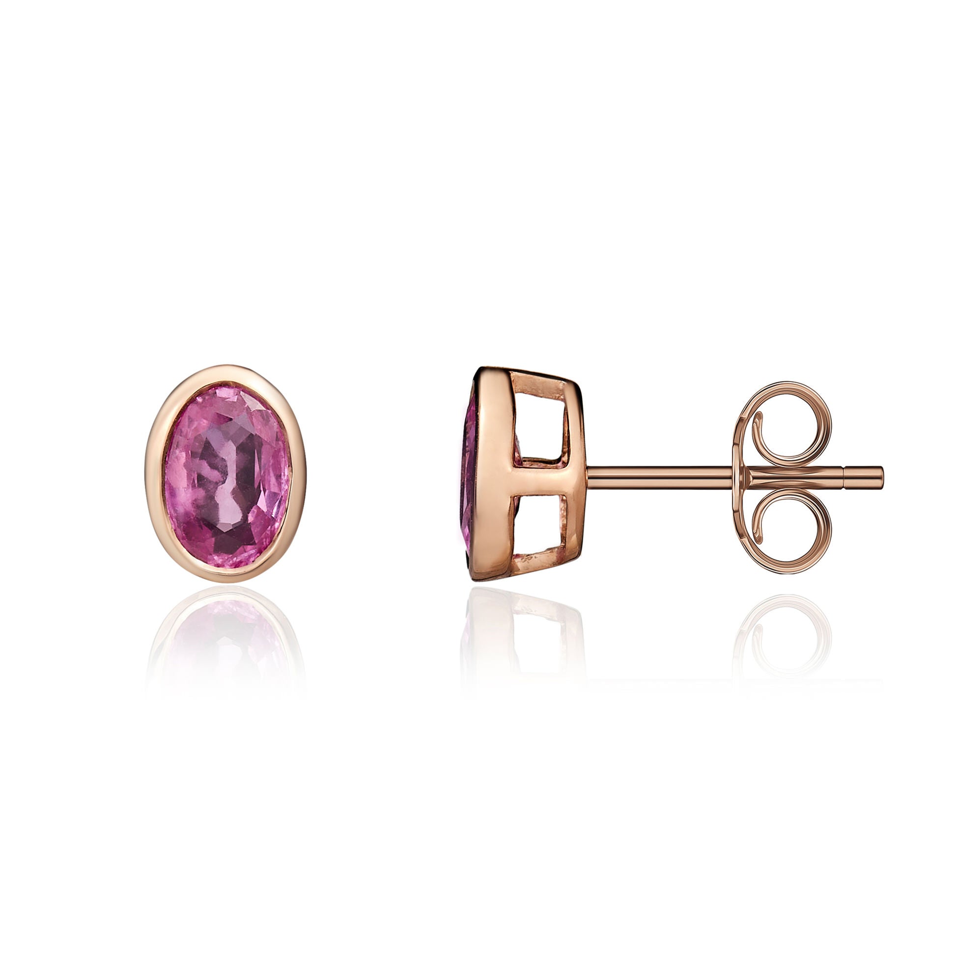9ct rose gold 6 x 4 mm oval Pink Sapphire rubover Stud Earrings