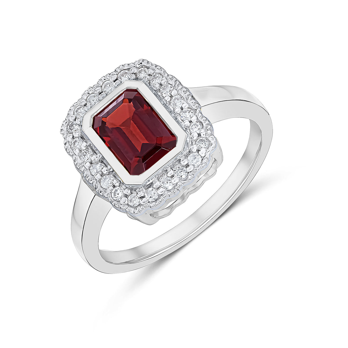 9ct White Gold Rubover 7x5 Octagon Garnet and Diamond Cluster Ring with Milgrain Edge