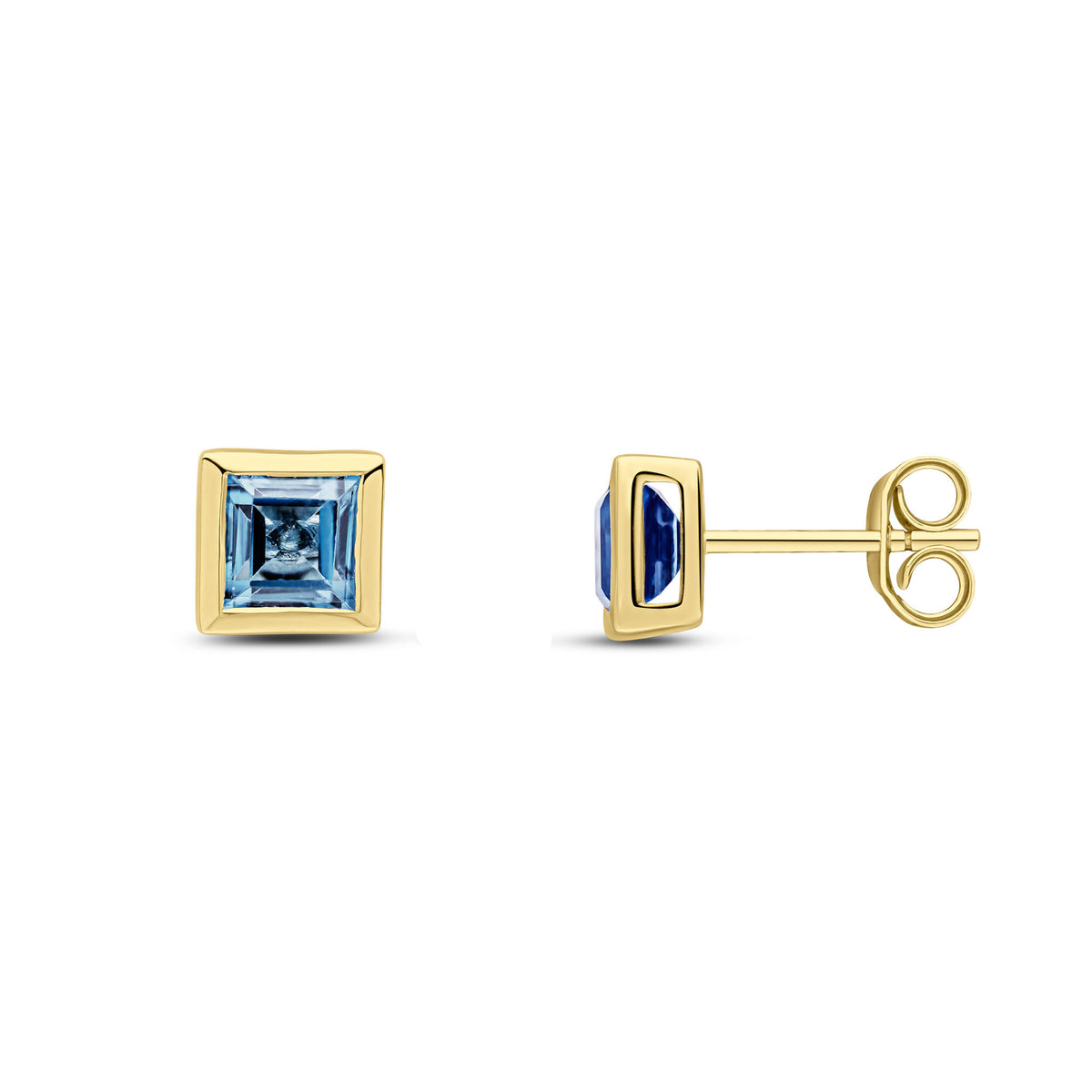 9ct Yellow Gold 5mm Square London Blue Topaz Rubover Set Earrings