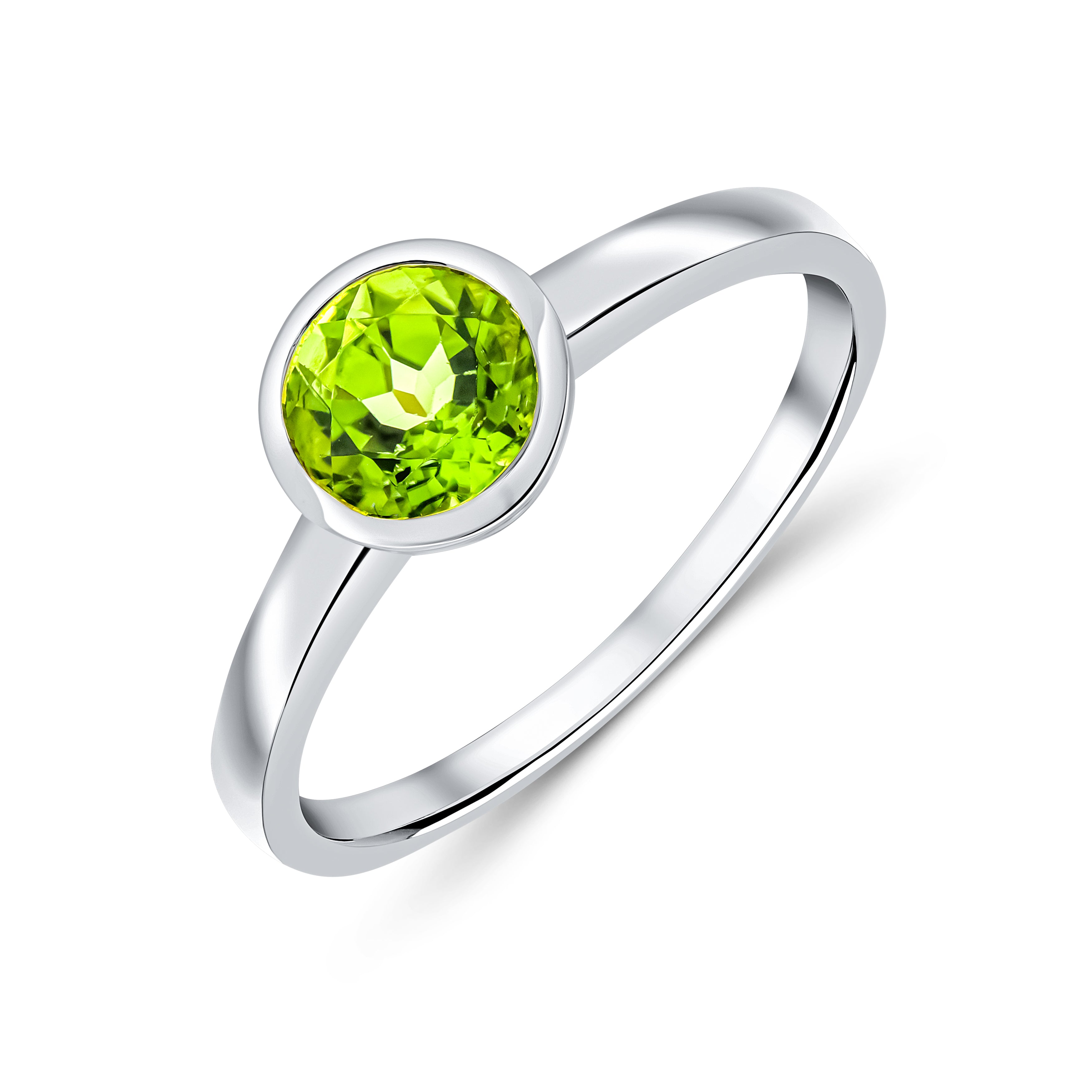 9ct White Gold 6mm Round Peridot Rubover Single Stone Ring