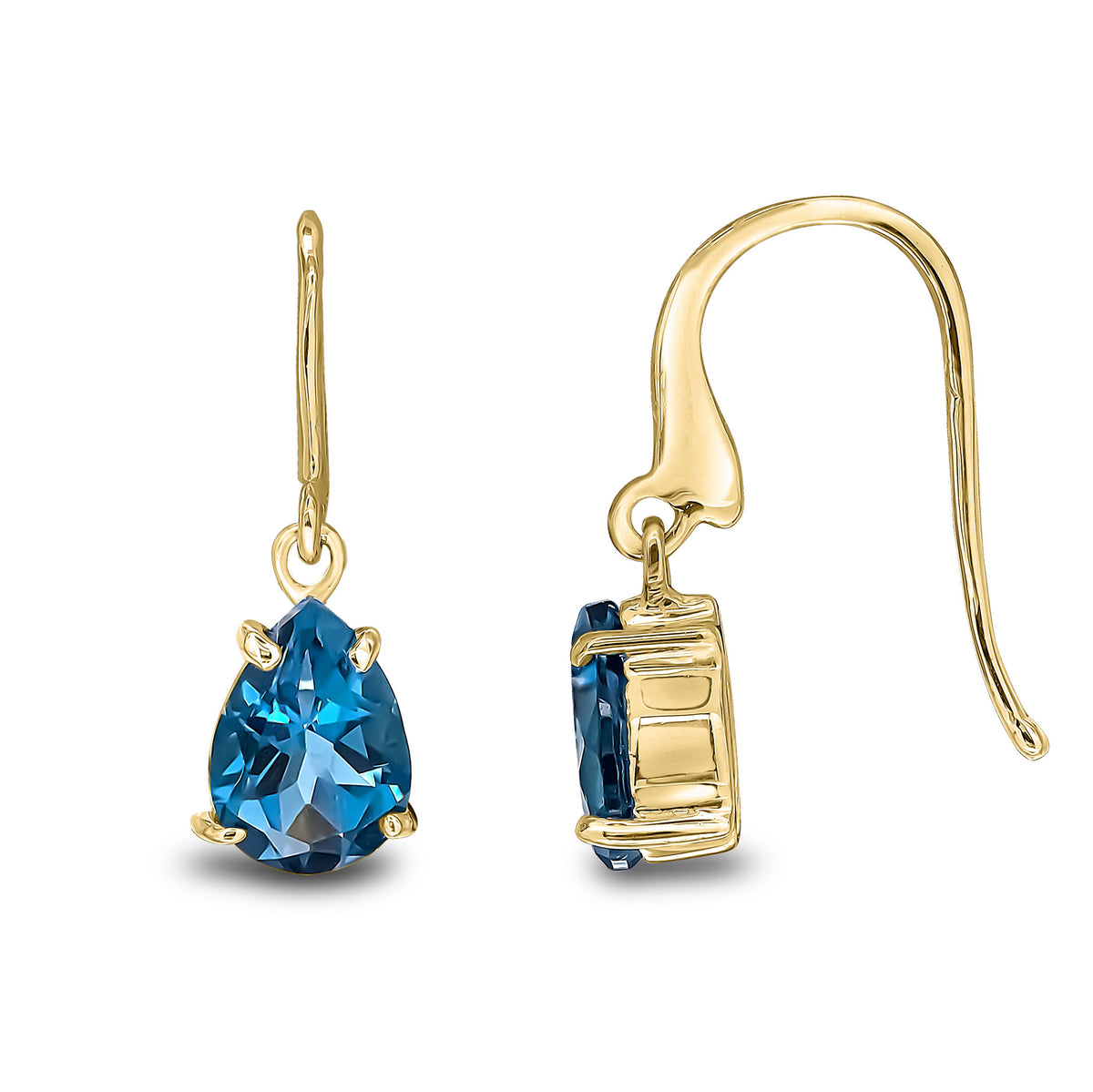 9ct Yellow Gold 7x5mm Pear Shape London Blue Topaz Claw Set Wire Hook Drop Earrings