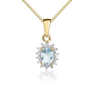 9ct yellow gold oval aquamarine & diamond cluster pendant