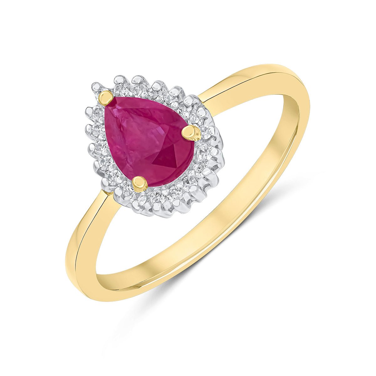 9ct Yellow Gold 7x5mm Pear Shape Ruby & Diamond Claw Set Cluster Ring Rhodium to Diamonds