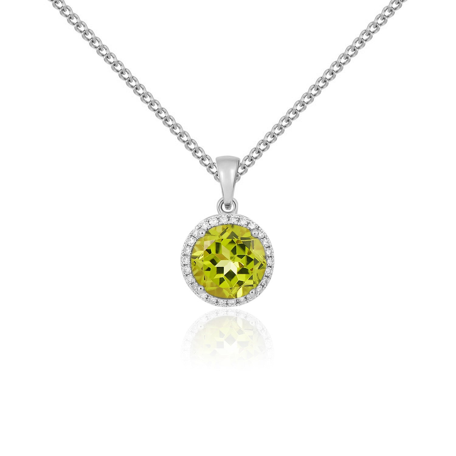 9ct White Gold 8mm Round Peridot and Diamond Claw Cluster Pendant